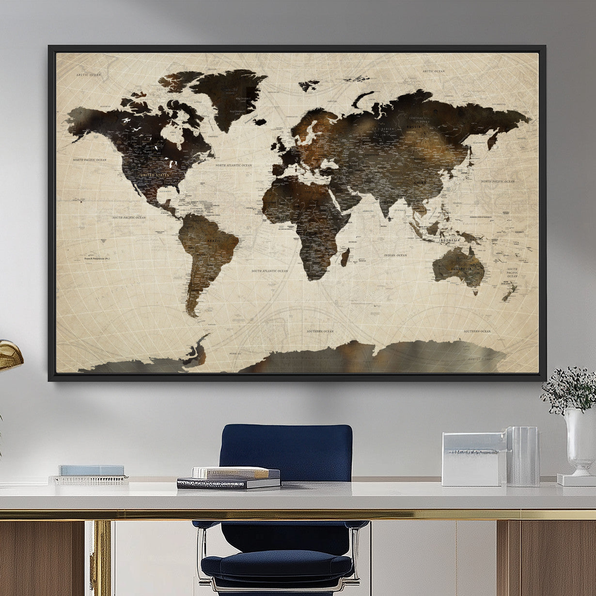 81771296-MGV-FC-36X24 - World Map Wall Art Canvas Print, Modern Decorative Framed Map Artwork Prints for Living Room, Office, Bedroom Wall Decor