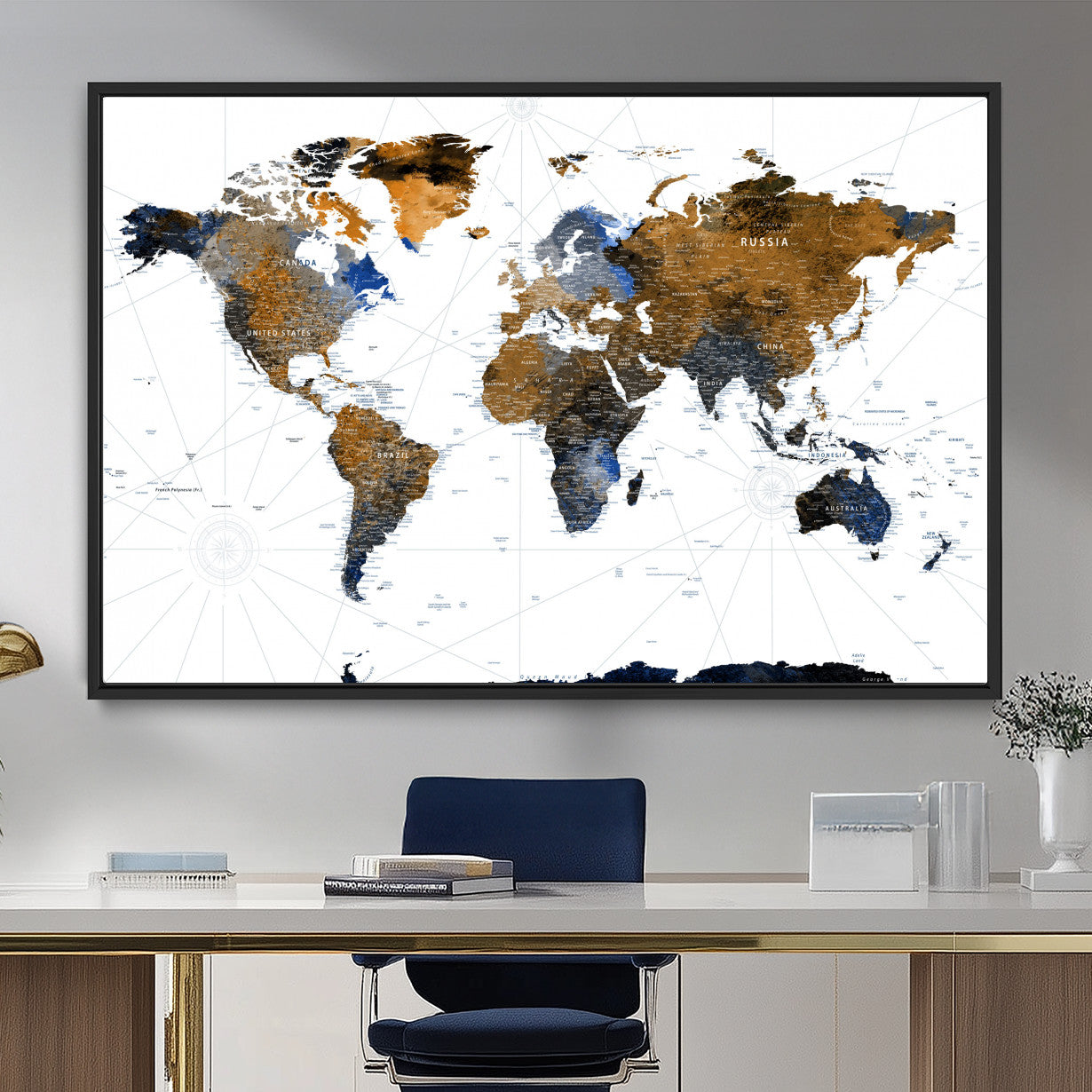 40862517-MGV-FC-36X24 - World Map Wall Art Canvas Print, Modern Decorative Framed Map Artwork Prints for Living Room, Office, Bedroom Wall Decor