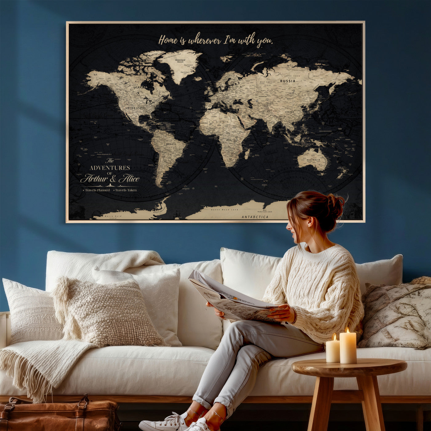 87955516-MGV-FC-36X24 - Customized Push Pin World Map Wall Art Canvas Print with Pins, Framed Personalize Travel Tracker Map, World Map for Living Room and Office Decor