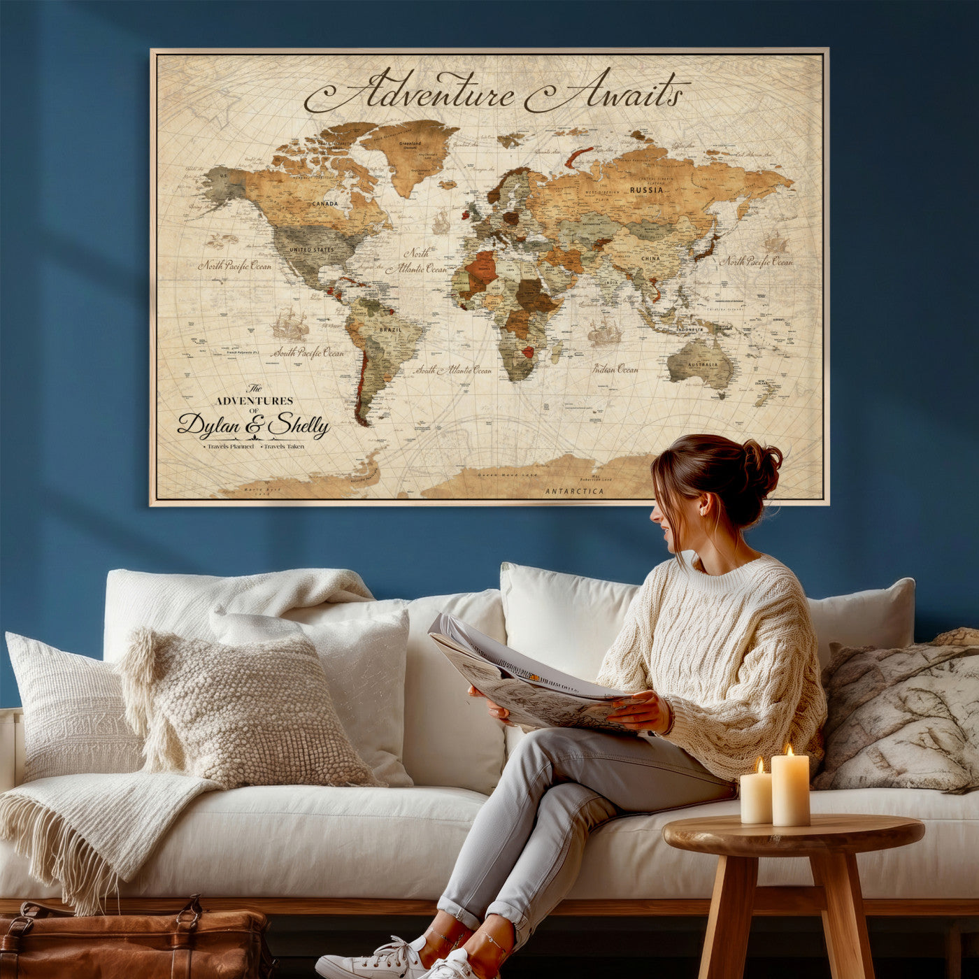 17298116-MGV-FC-36X24 - Custom World Map Wall Art Canvas Print with Pins, Framed Personalize Push Pin Travel Tracker Map, World Map for Living Room and Office Decor