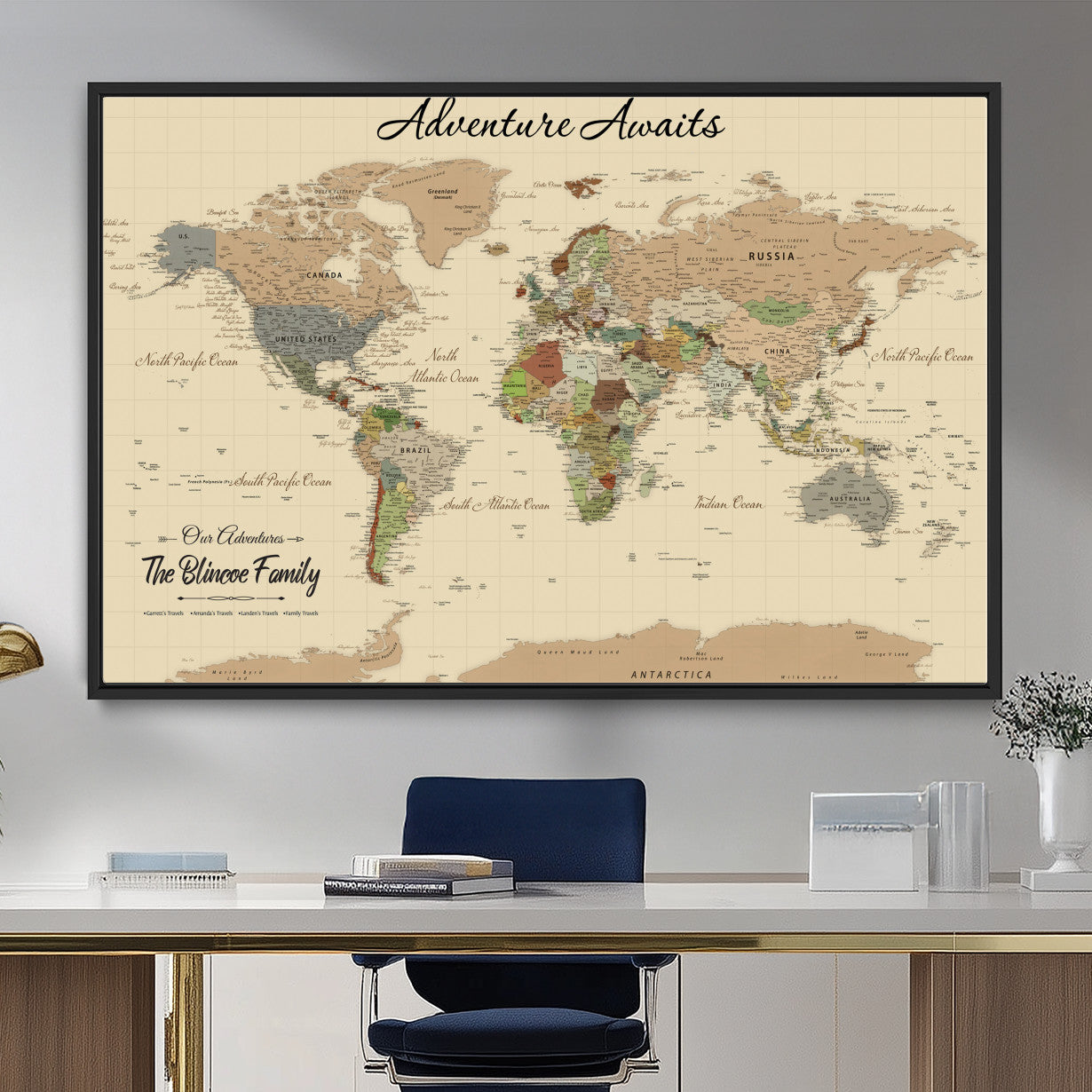 63407426-MGV-FC-36X24 - Customized Push Pin World Map Wall Art Canvas Print with Pins, Framed Personalize Travel Tracker Map, World Map for Living Room and Office Decor