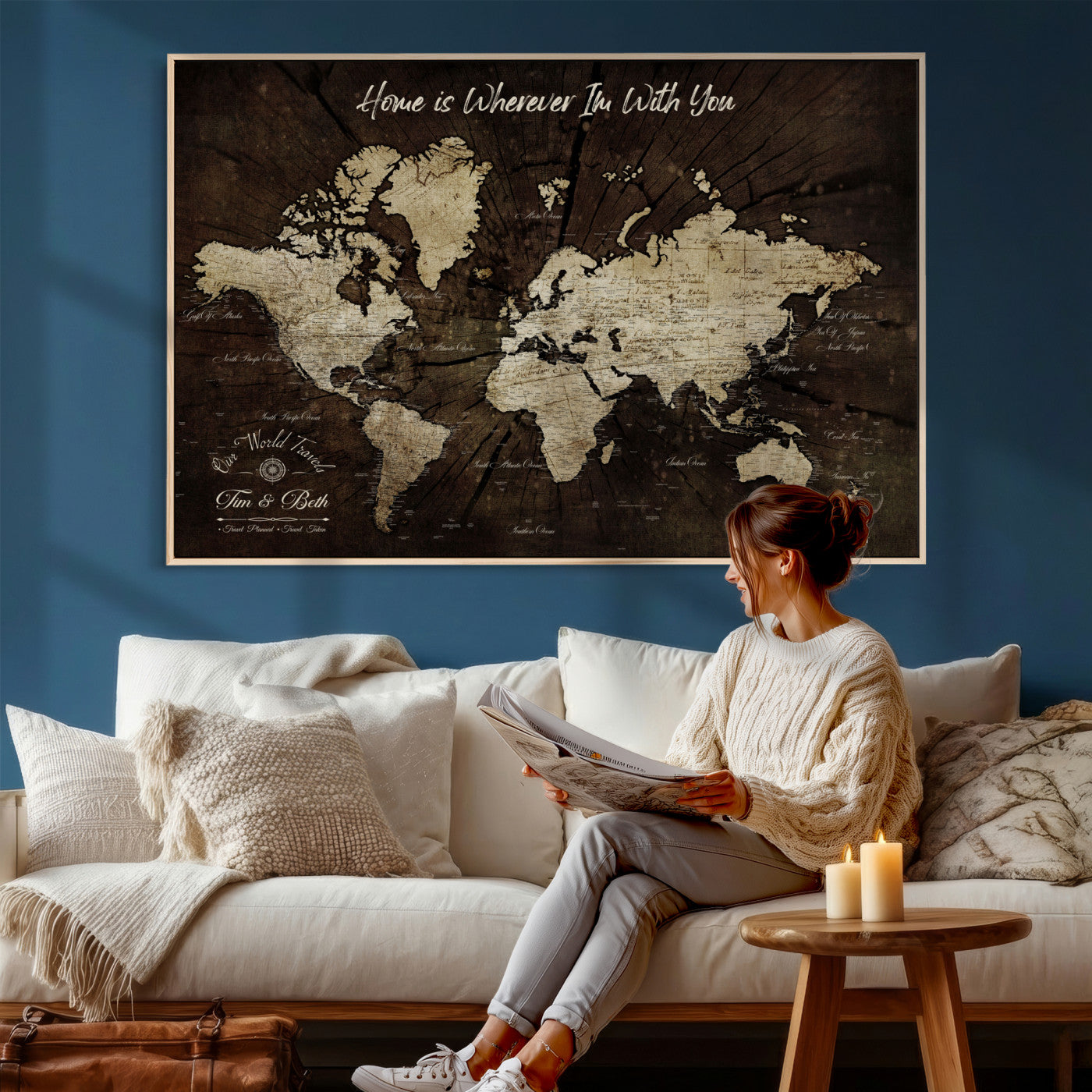 57852913-MGV-FC-36X24 - Customized Push Pin World Map Wall Art Canvas Print with Pins, Framed Personalize Travel Tracker Map, World Map for Living Room and Office Decor