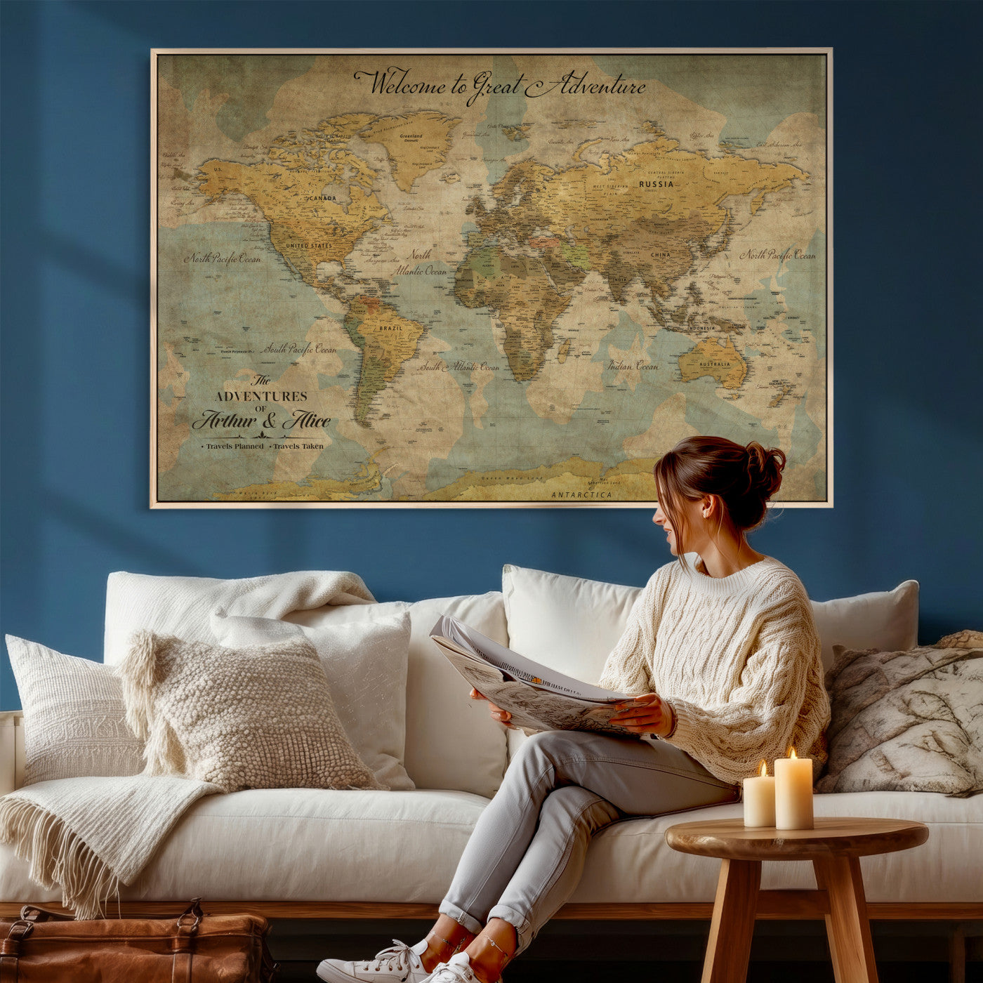 37903085-MGV-CV-36X24 - Custom Push Pin World Map Wall Art Canvas Print – Personalized Travel Tracker with Pins Framed Large for Home and Office Decor