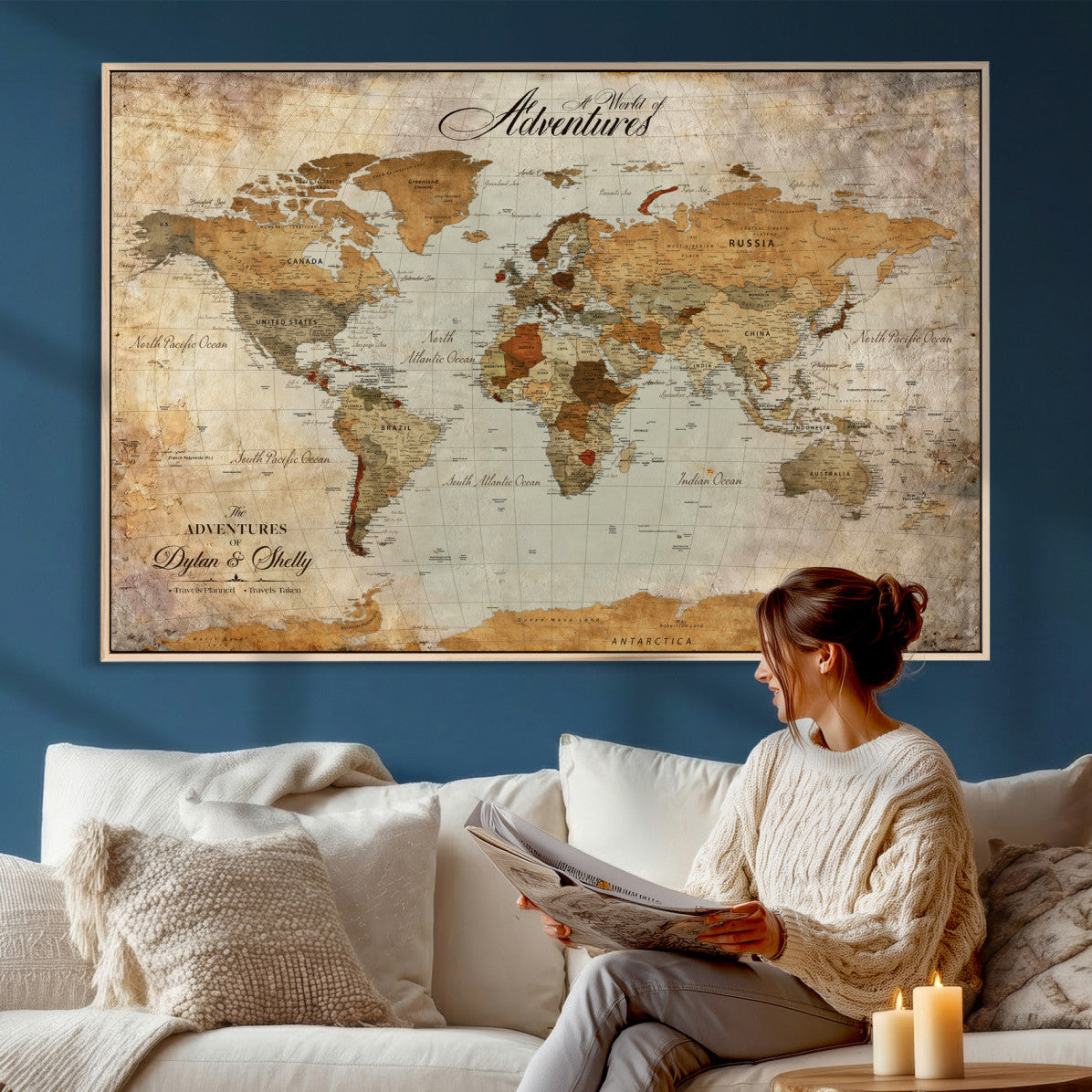 54461872-MGV-CV-36X24 - Custom Push Pin World Map Wall Art Canvas Print - Personalized Travel Tracker with Pins Framed Large for Home and Office Decor