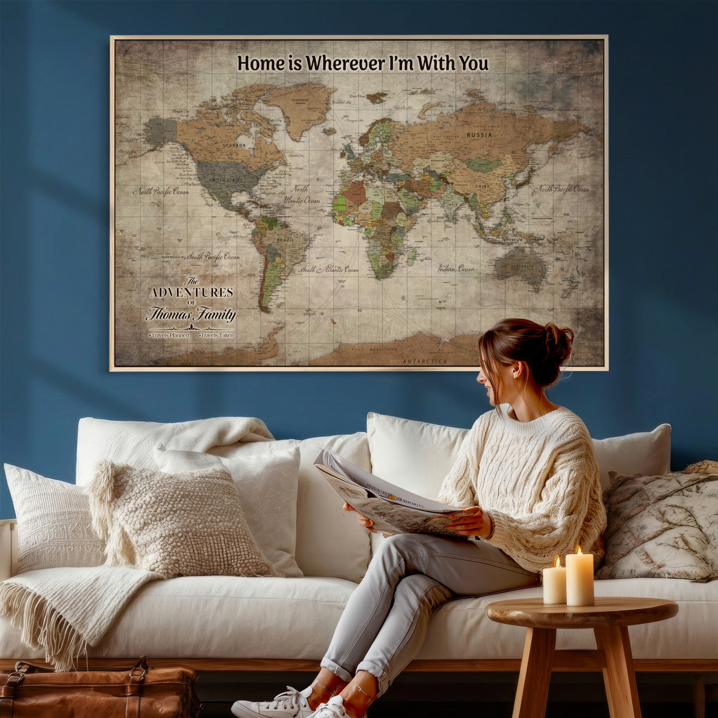 22593671-MGV-CV-36X24 - Custom Push Pin World Map Wall Art Canvas Print – Personalized Travel Tracker with Pins Framed Large for Home and Office Decor