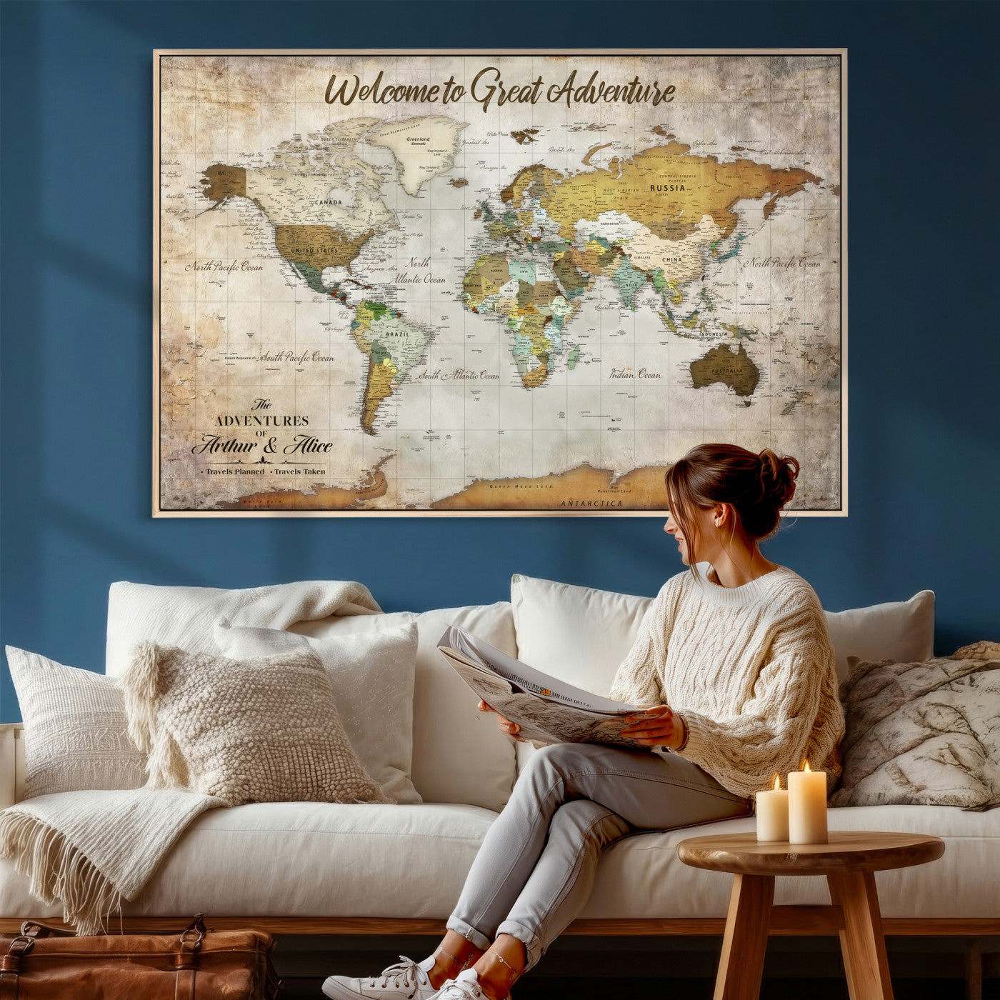 33043195-MGV-CV-36X24 - Custom Push Pin World Map Wall Art Canvas Print – Personalized Travel Tracker with Pins Framed Large for Home and Office Decor