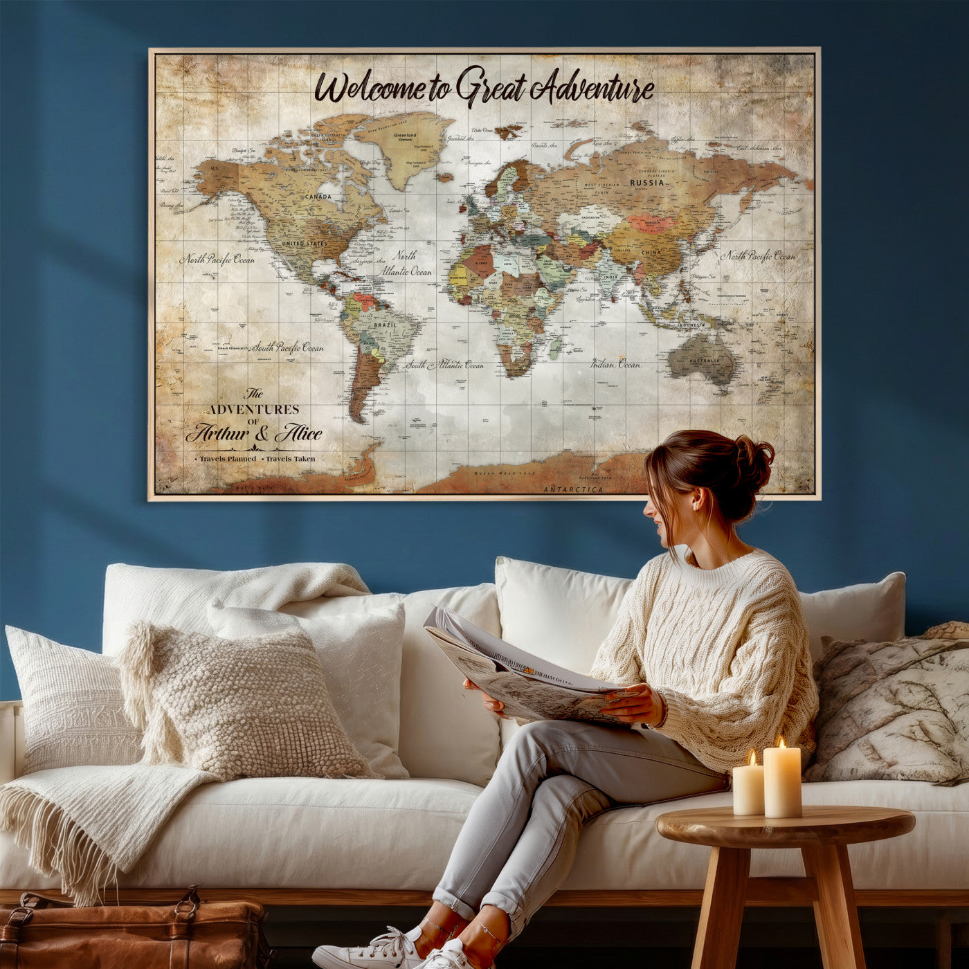 22906161-MGV-CV-36X24 - Custom Push Pin World Map Wall Art Canvas Print – Personalized Travel Tracker with Pins Framed Large for Home and Office Decor