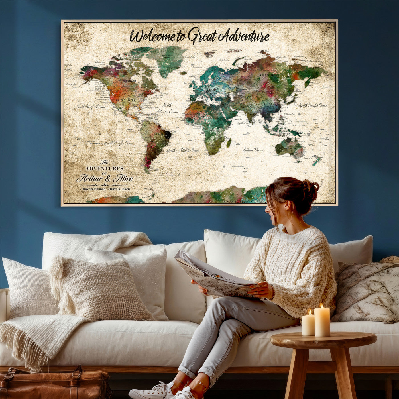 89225601-MGV-CV-36X24 - Custom Push Pin World Map Wall Art Canvas Print – Personalized Travel Tracker with Pins Framed Large for Home and Office Decor