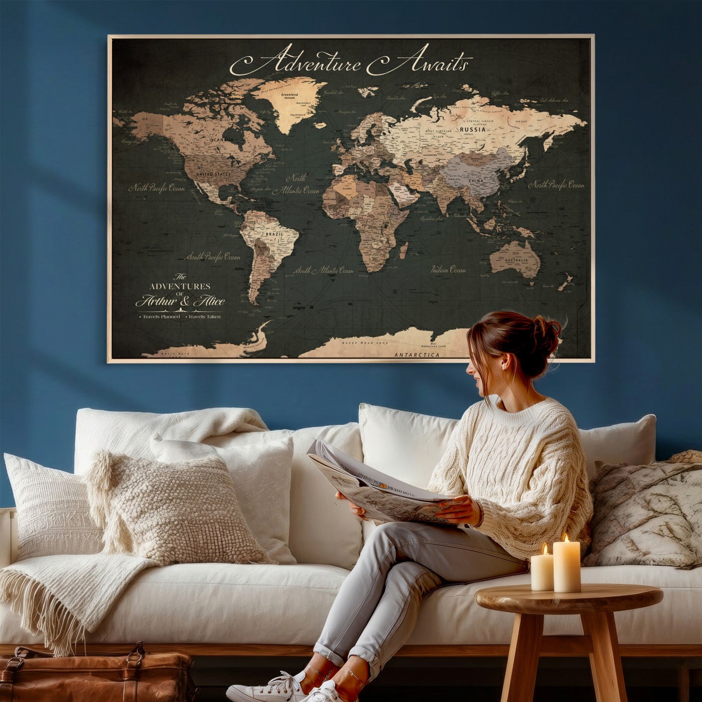74987709-MGV-CV-36X24 - Custom Push Pin World Map Wall Art Canvas Print – Personalized Travel Tracker with Pins Framed Large for Home and Office Decor