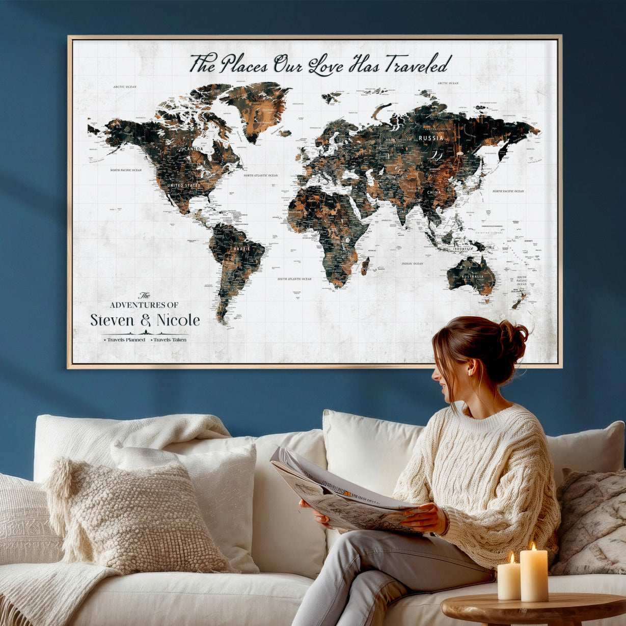 29090064-MGV-CV-36X24 - Custom Push Pin World Map Wall Art Canvas Print – Personalized Travel Tracker with Pins Framed Large for Home and Office Decor