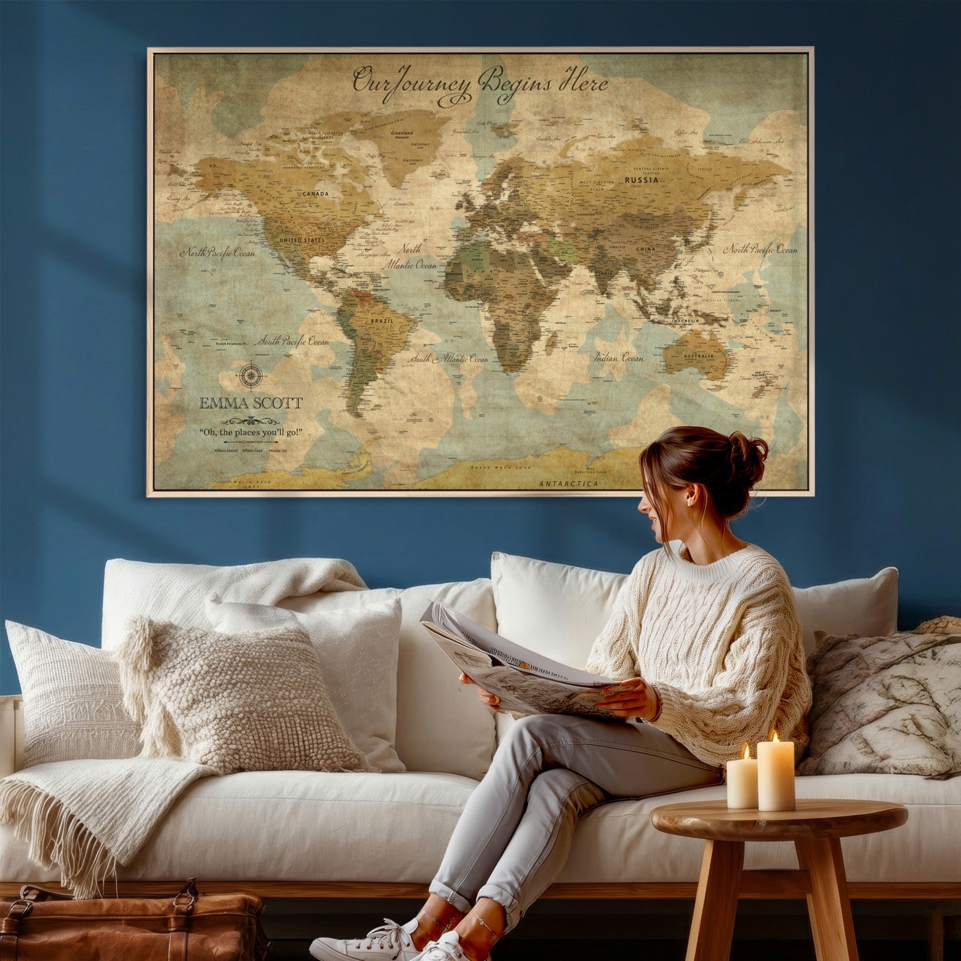 66550749-MGV-CV-36X24 - Custom Push Pin World Map Wall Art Canvas Print – Personalized Travel Tracker with Pins Framed Large for Home and Office Decor