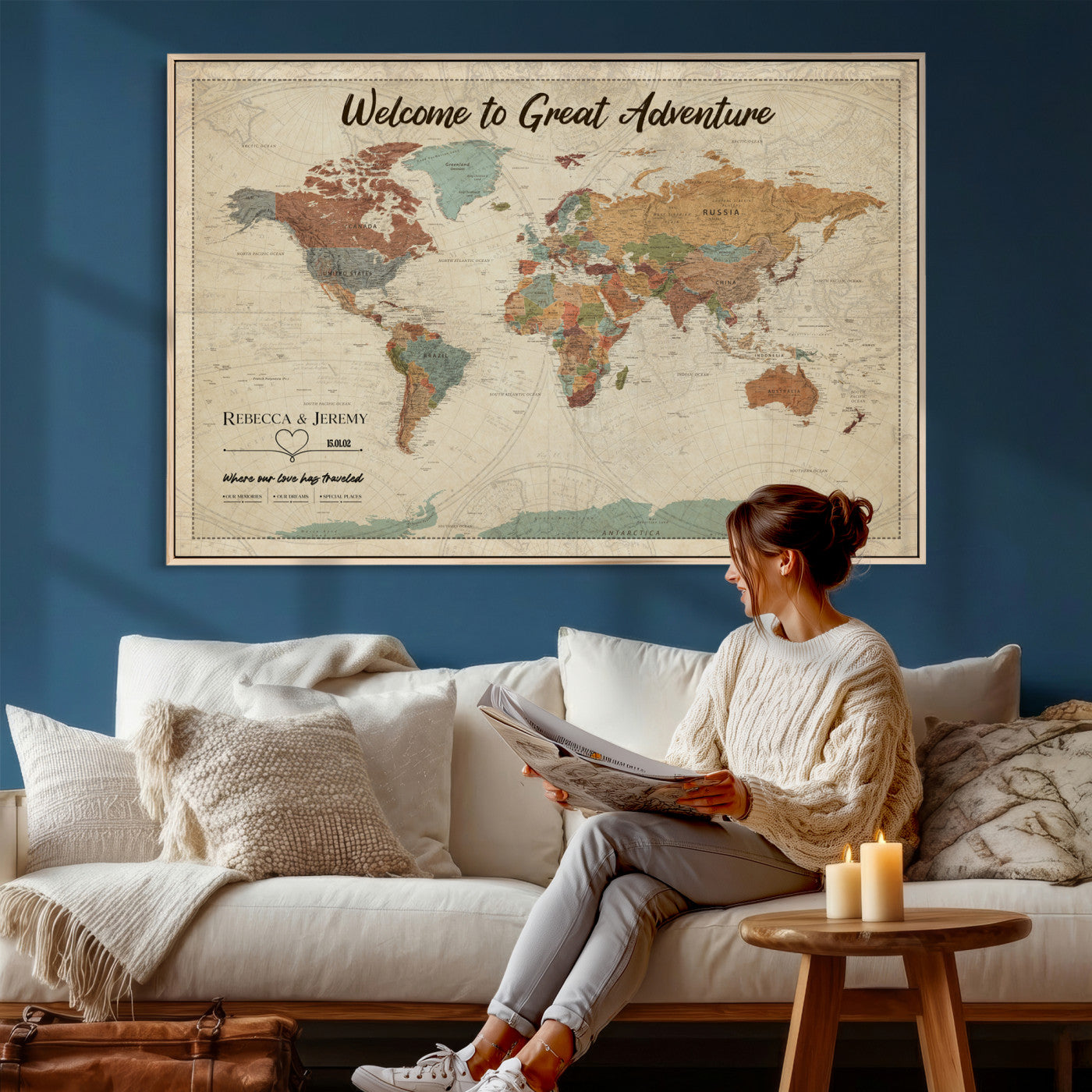 44361524-MGV-CV-36X24 - Custom Push Pin World Map Wall Art Canvas Print – Personalized Travel Tracker with Pins Framed Large for Home and Office Decor