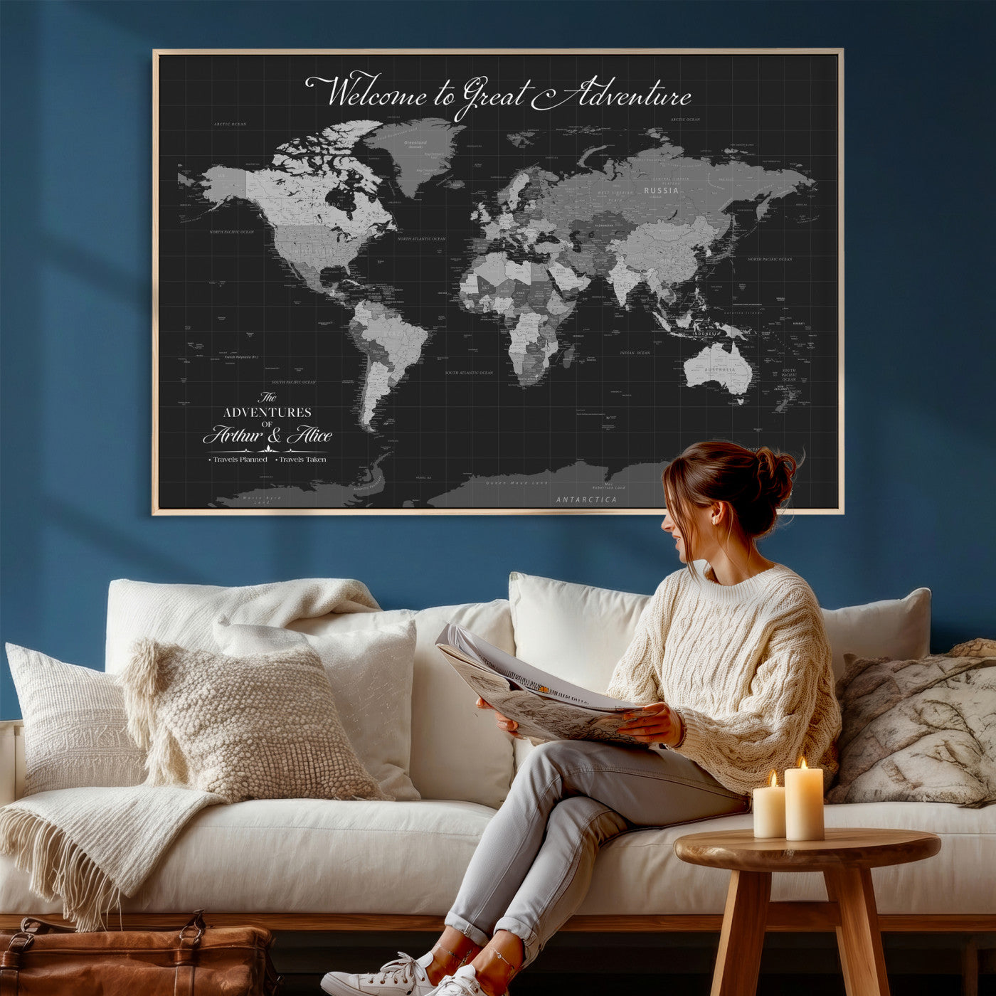 57127599-MGV-CV-36X24 - Custom Push Pin World Map Wall Art Canvas Print – Personalized Travel Tracker with Pins Framed Large for Home and Office Decor