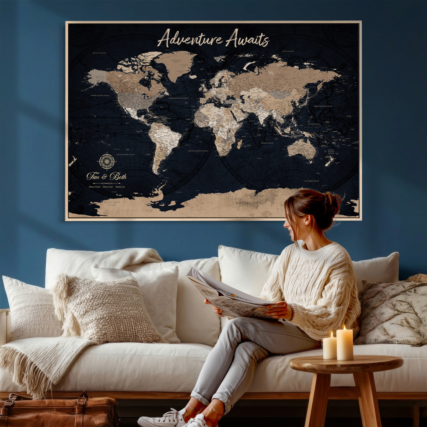 66938317-MGV-CV-36X24 - Custom Push Pin World Map Wall Art Canvas Print – Personalized Travel Tracker with Pins Framed Large for Home and Office Decor