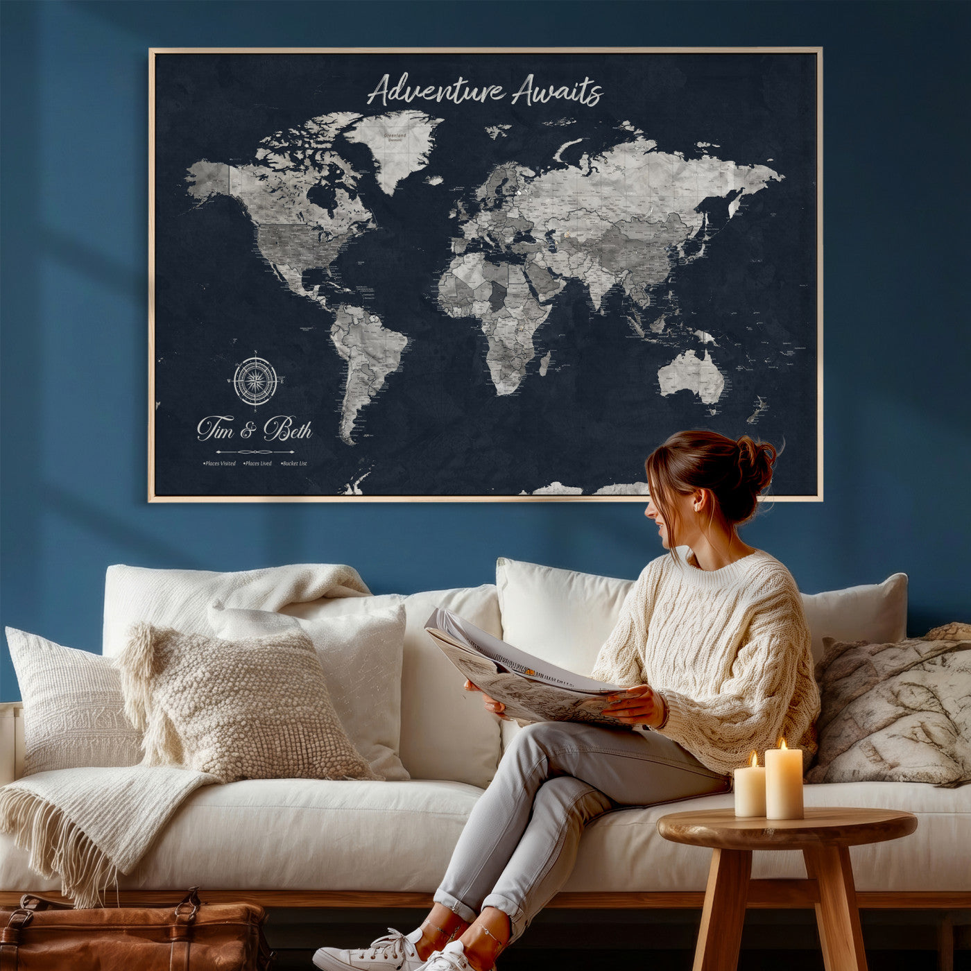32031089-MGV-CV-36X24 - Custom Push Pin World Map Wall Art Canvas Print – Personalized Travel Tracker with Pins Framed Large for Home and Office Decor