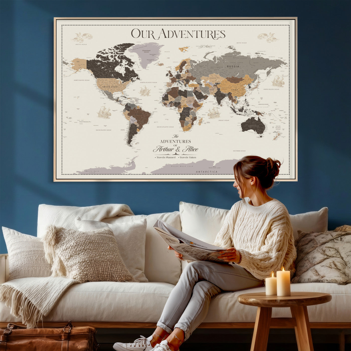 66301646-MGV-CV-36X24 - Custom Push Pin World Map Wall Art Canvas Print – Personalized Travel Tracker with Pins Framed Large for Home and Office Decor