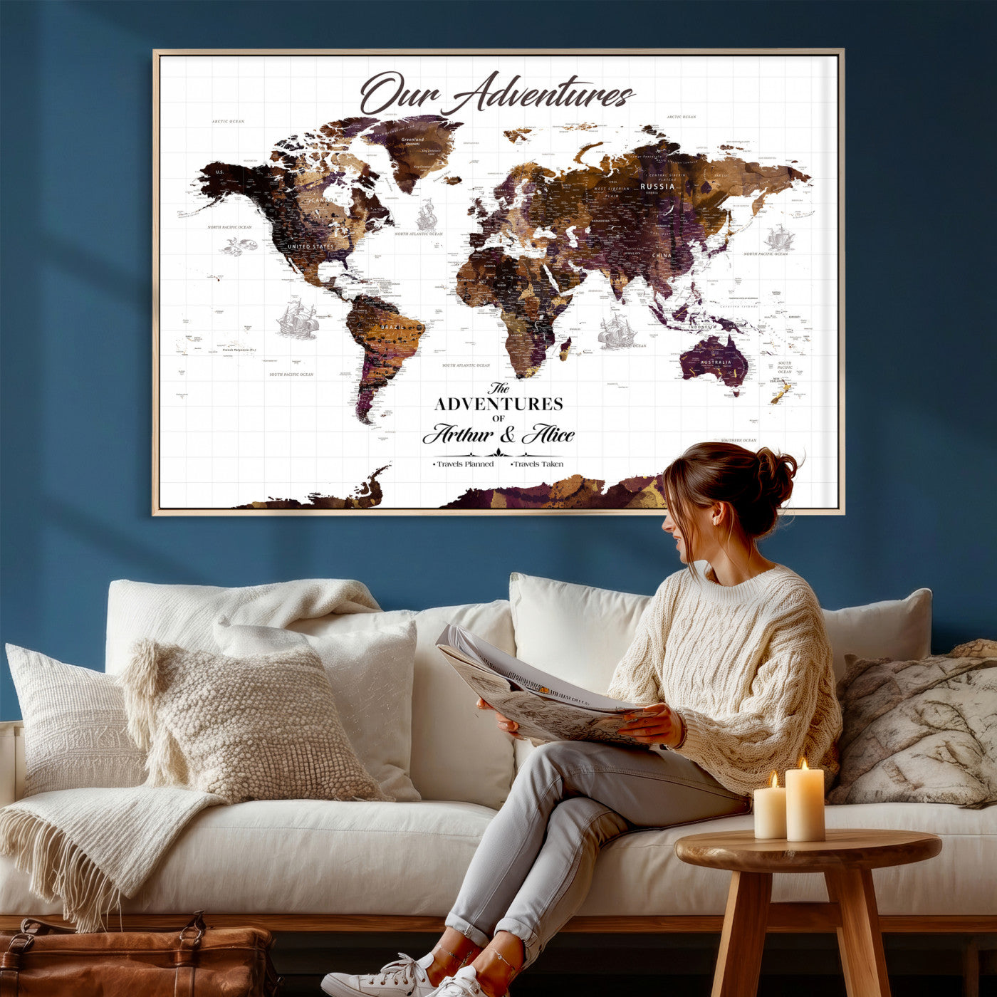 95729279-MGV-CV-36X24 - Custom Push Pin World Map Wall Art Canvas Print – Personalized Travel Tracker with Pins Framed Large for Home and Office Decor