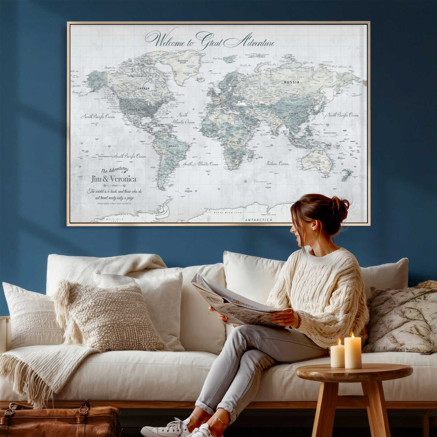 55391088-MGV-CV-36X24 - Custom Push Pin World Map Wall Art Canvas Print – Personalized Travel Tracker with Pins Framed Large for Home and Office Decor