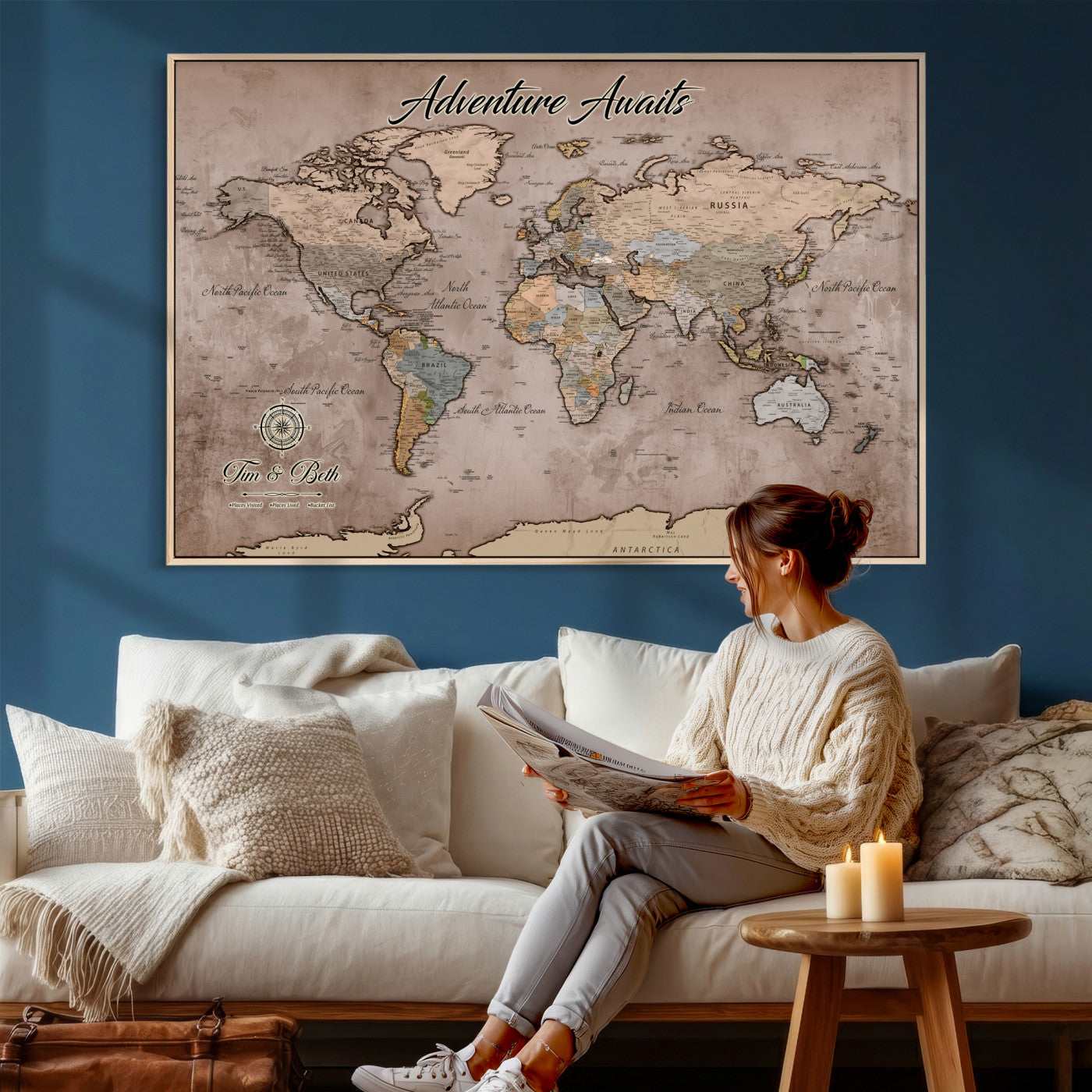 30508877-MGV-CV-36X24 - Custom Push Pin World Map Wall Art Canvas Print – Personalized Travel Tracker with Pins Framed Large for Home and Office Decor