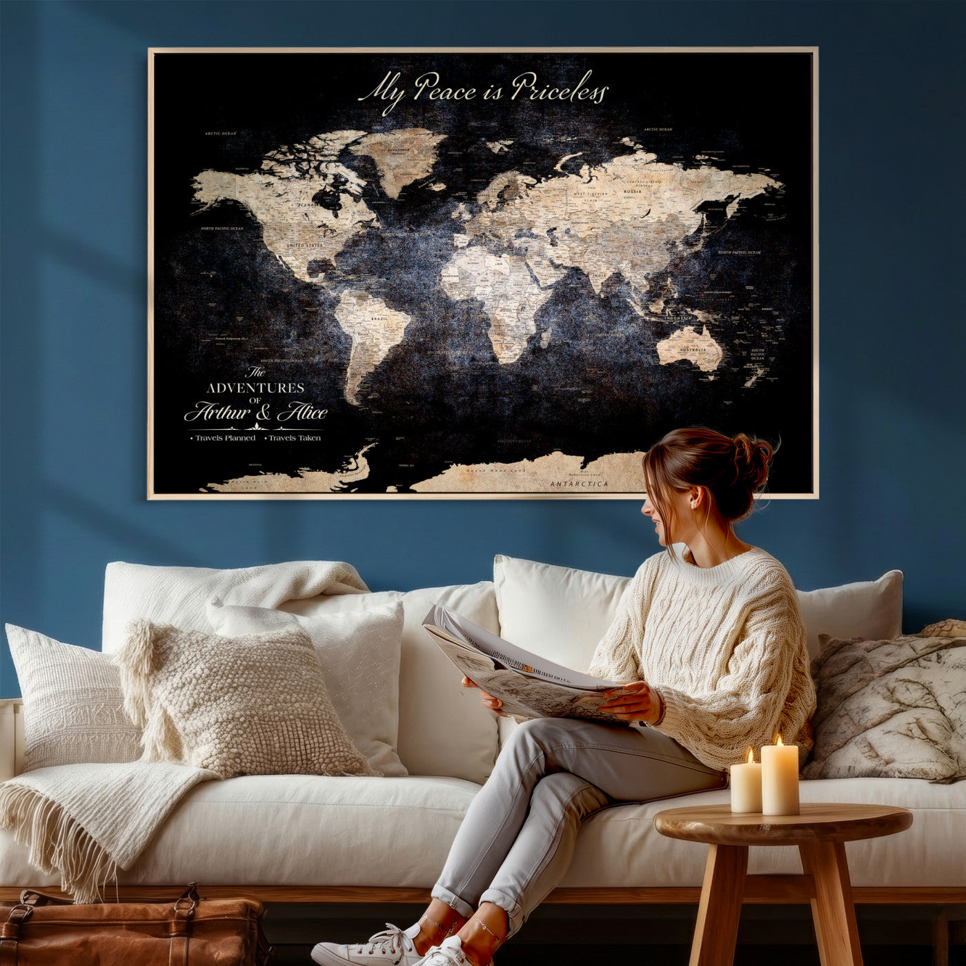 38689152-MGV-CV-36X24 - Custom Push Pin World Map Wall Art Canvas Print – Personalized Travel Tracker with Pins Framed Large for Home and Office Decor
