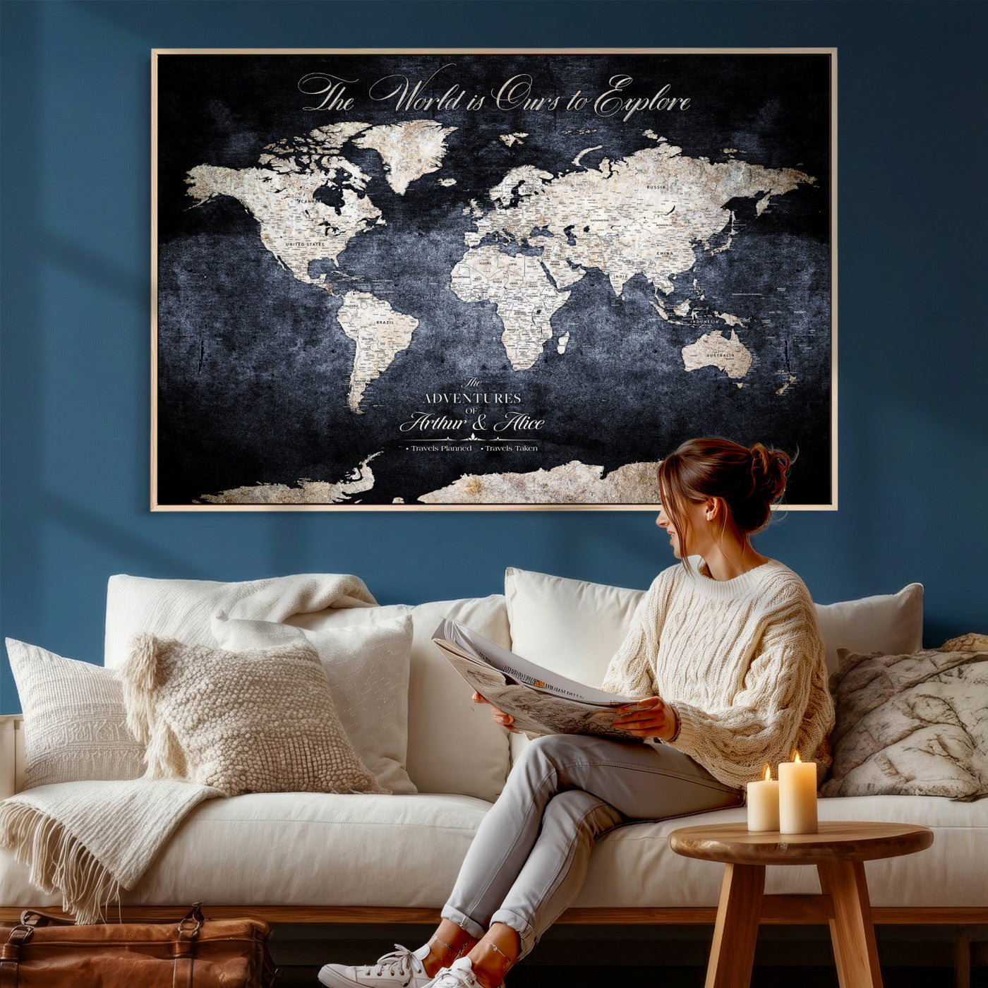 78489746-MGV-CV-36X24 - Custom Push Pin World Map Wall Art Canvas Print – Personalized Travel Tracker with Pins Framed Large for Home and Office Decor