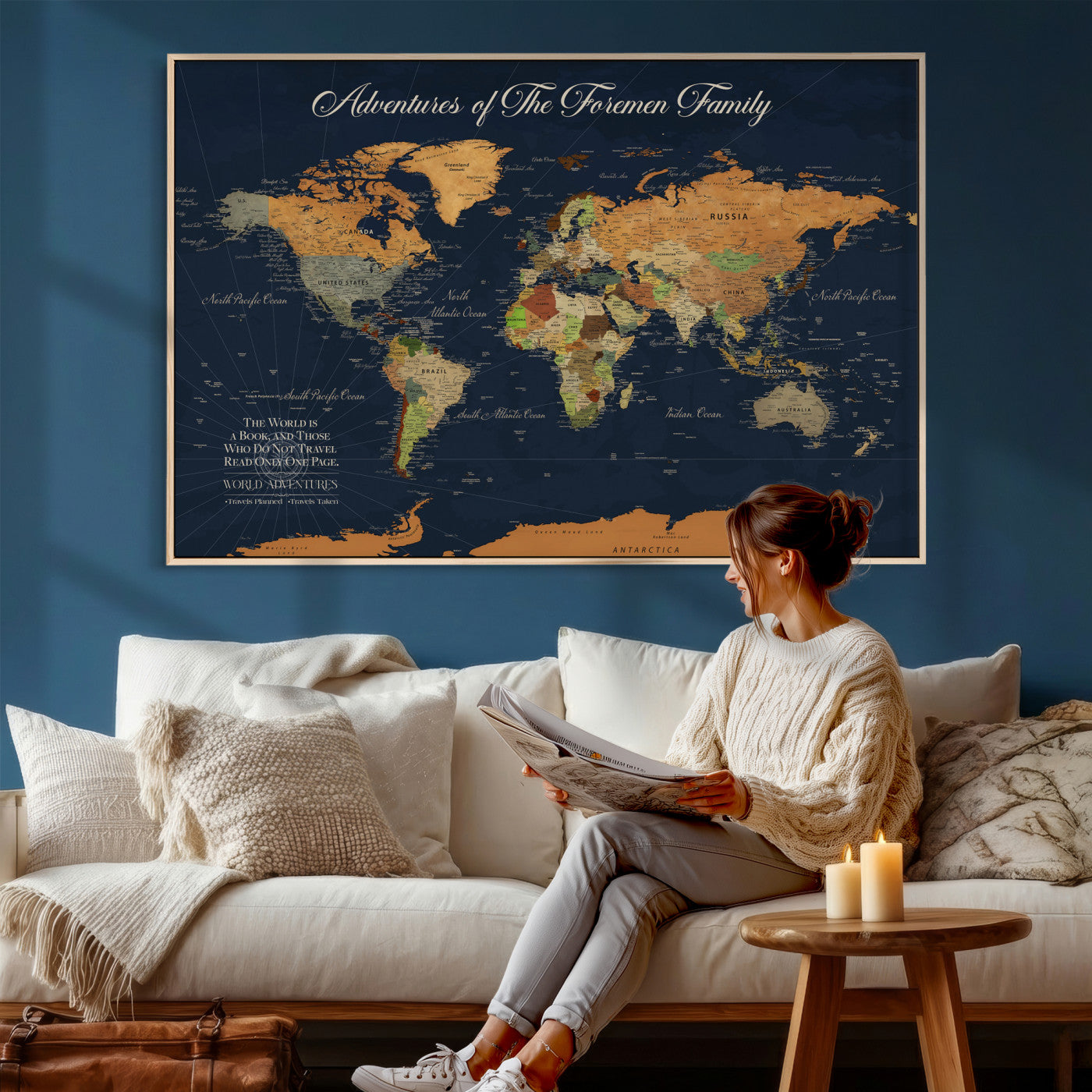 84352304-MGV-CV-36X24 - Custom Push Pin World Map Wall Art Canvas Print – Personalized Travel Tracker with Pins Framed Large for Home and Office Decor