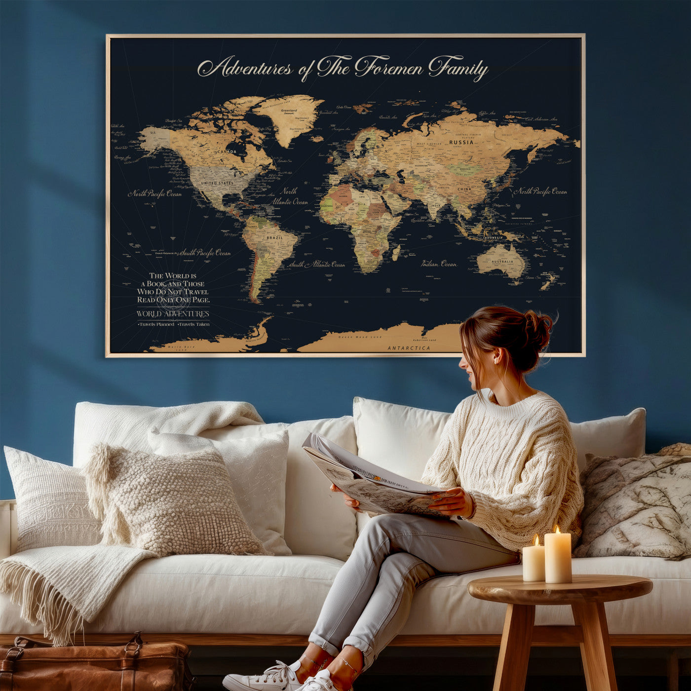 89403803-MGV-CV-36X24 - Custom Push Pin World Map Wall Art Canvas Print – Personalized Travel Tracker with Pins Framed Large for Home and Office Decor