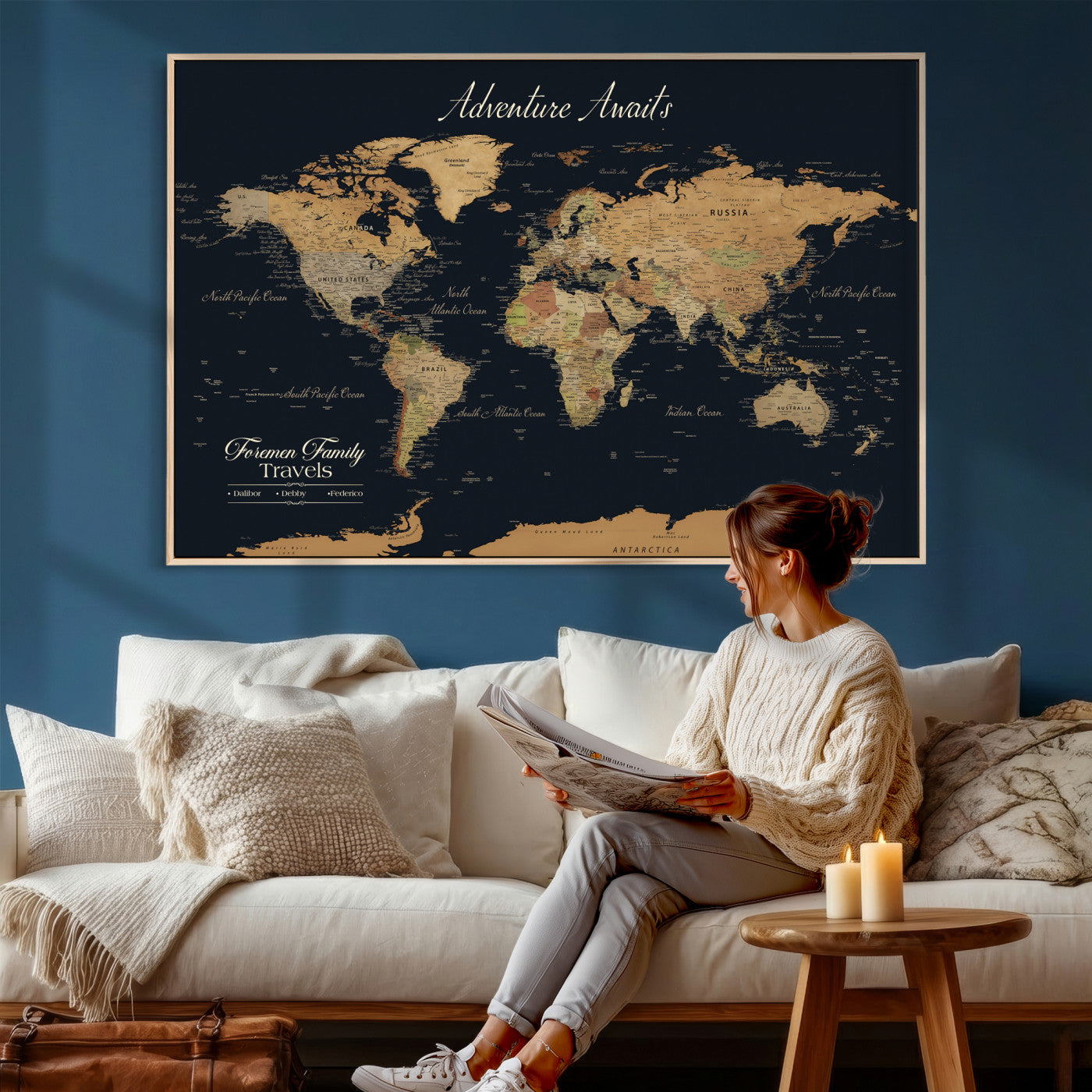 31781393-MGV-CV-36X24 - Custom Push Pin World Map Wall Art Canvas Print – Personalized Travel Tracker with Pins Framed Large for Home Decor