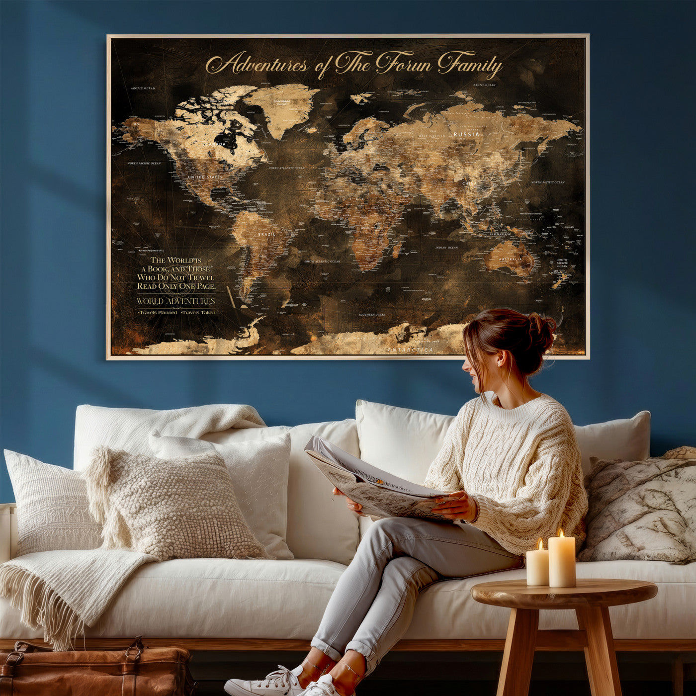 20594960-MGV-CV-36X24 - Custom Push Pin World Map Wall Art Canvas Print – Personalized Travel Tracker with Pins Framed Large for Home and Office Decor