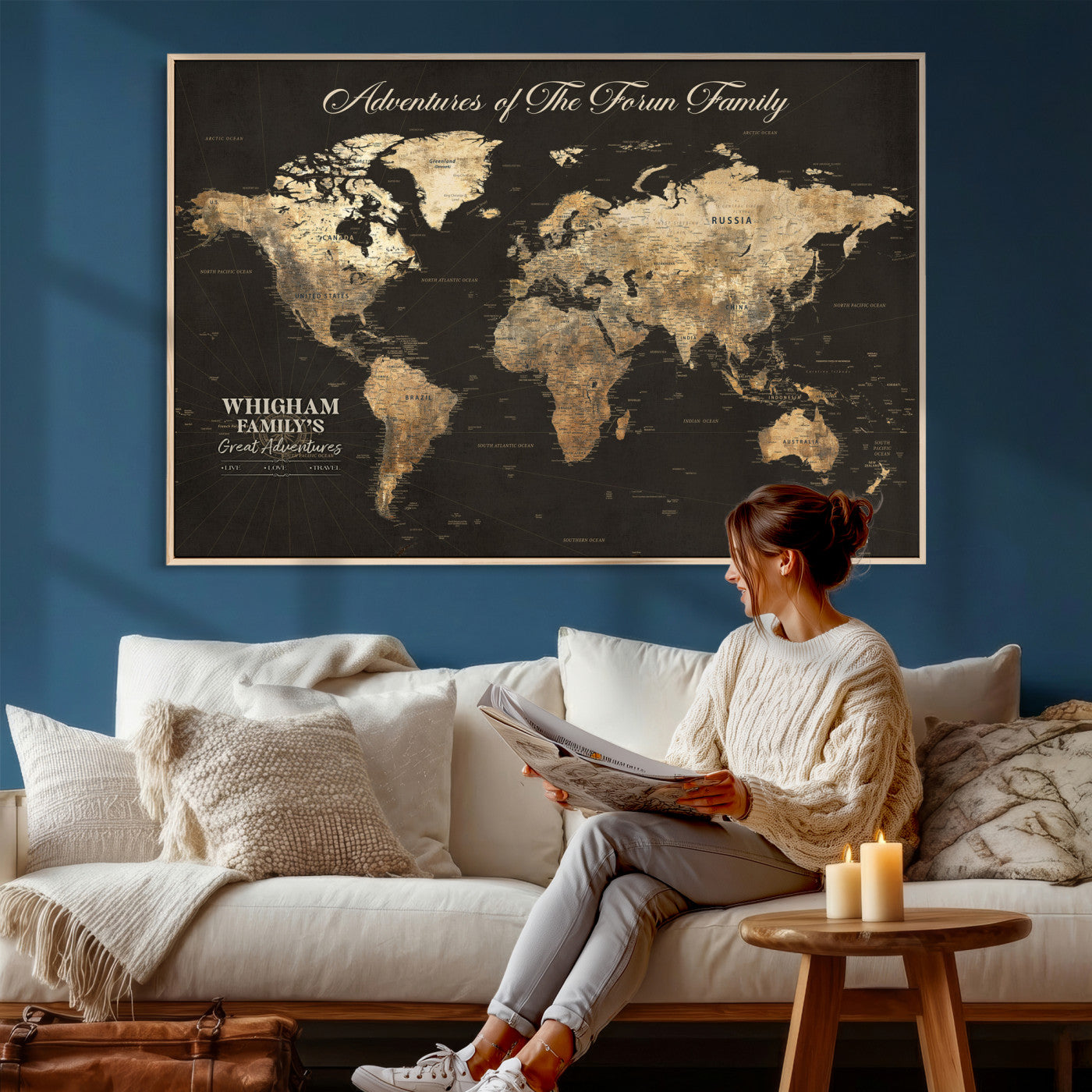 80238567-MGV-CV-36X24 - Custom Push Pin World Map Wall Art Canvas Print – Personalized Travel Tracker with Pins Framed Large for Home and Office Decor
