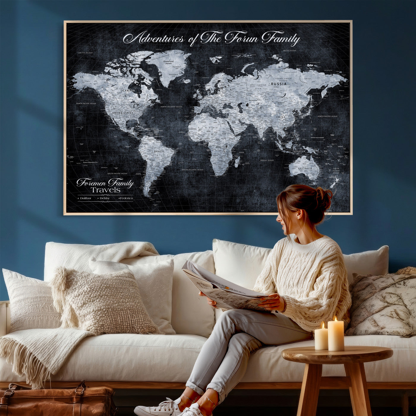 26826520-MGV-CV-36X24 - Custom Push Pin World Map Wall Art Canvas Print – Personalized Travel Tracker with Pins Framed Large for Home and Office Decor