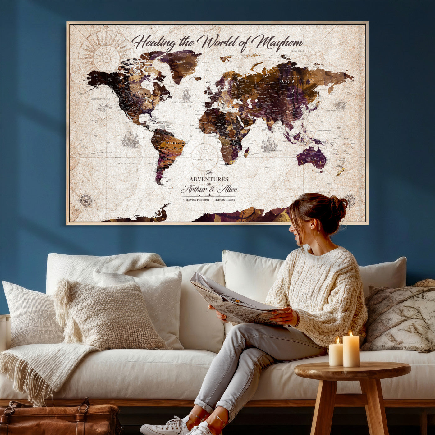 20154714-MGV-CV-36X24 - Custom Push Pin World Map Wall Art Canvas Print – Personalized Travel Tracker with Pins Framed Large for Home and Office Decor
