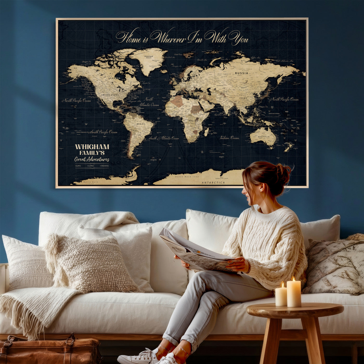 86888698-MGV-CV-36X24 - Custom Push Pin World Map Wall Art Canvas Print – Personalized Travel Tracker with Pins Framed Large for Home and Office Decor