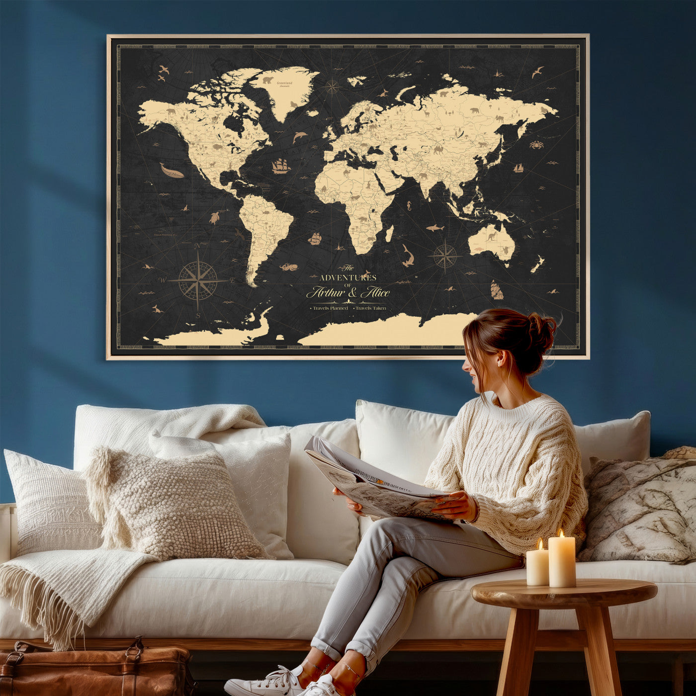 23208482-MGV-CV-36X24 - Custom Push Pin World Map Wall Art Canvas Print – Personalized Travel Tracker with Pins Framed Large for Home and Office Decor