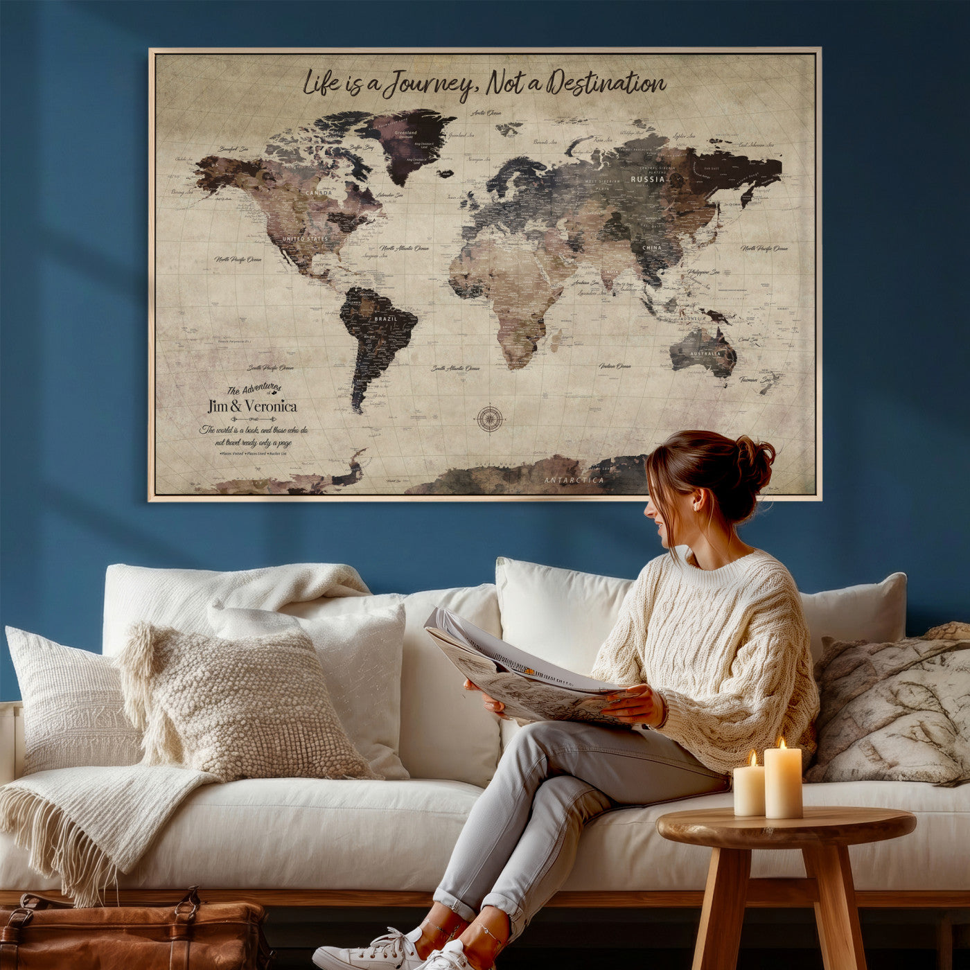 58257942-MGV-CV-36X24 - Custom Push Pin World Map Wall Art Canvas Print – Personalized Travel Tracker with Pins Framed Large for Home and Office Decor