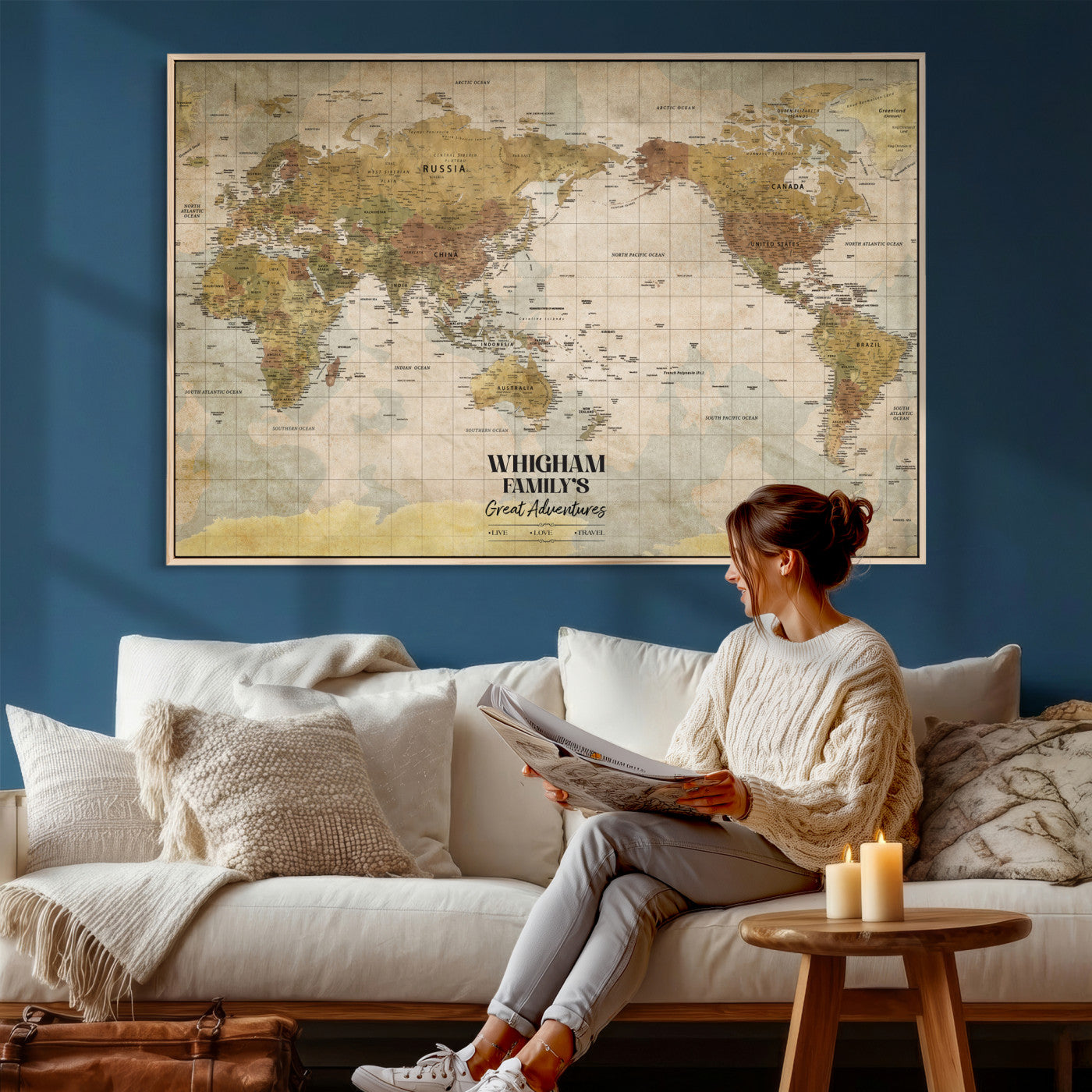 98110883-MGV-CV-36X24 - Custom Push Pin World Map Wall Art Canvas Print – Personalized Travel Tracker with Pins Framed Large for Home and Office Decor