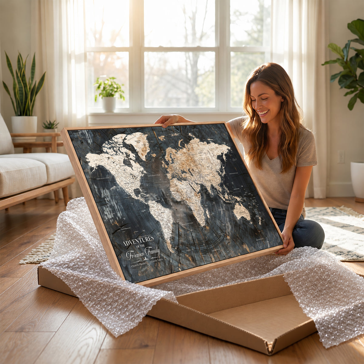 77865338-MGV-CV-36X24 - Personalized Framed Beige Push Pin World Map Canvas Print, Bucket List Map, Living Room and Hallway Decor