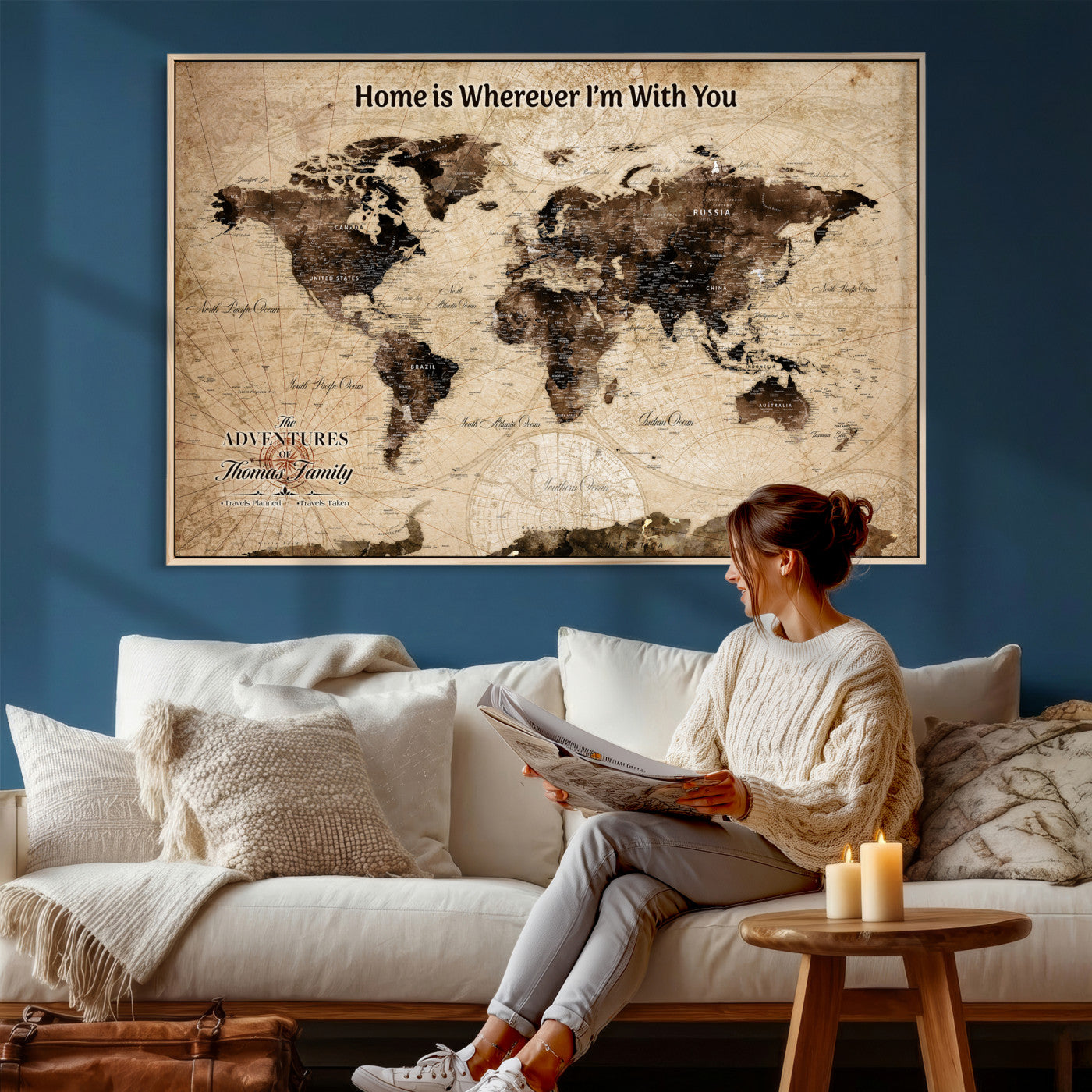 74771891-MGV-CV-36X24 - Custom Push Pin World Map Wall Art Canvas Print – Personalized Travel Tracker with Pins Framed Large for Home and Office Decor