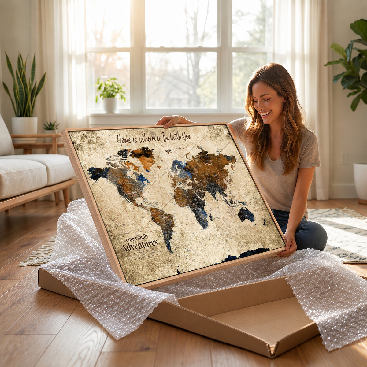 17548029-MGV-CV-36X24 - Personalized Framed Beige Modern Push Pin World Map Canvas Print, Bucket List Map, Home Office and Study Decor