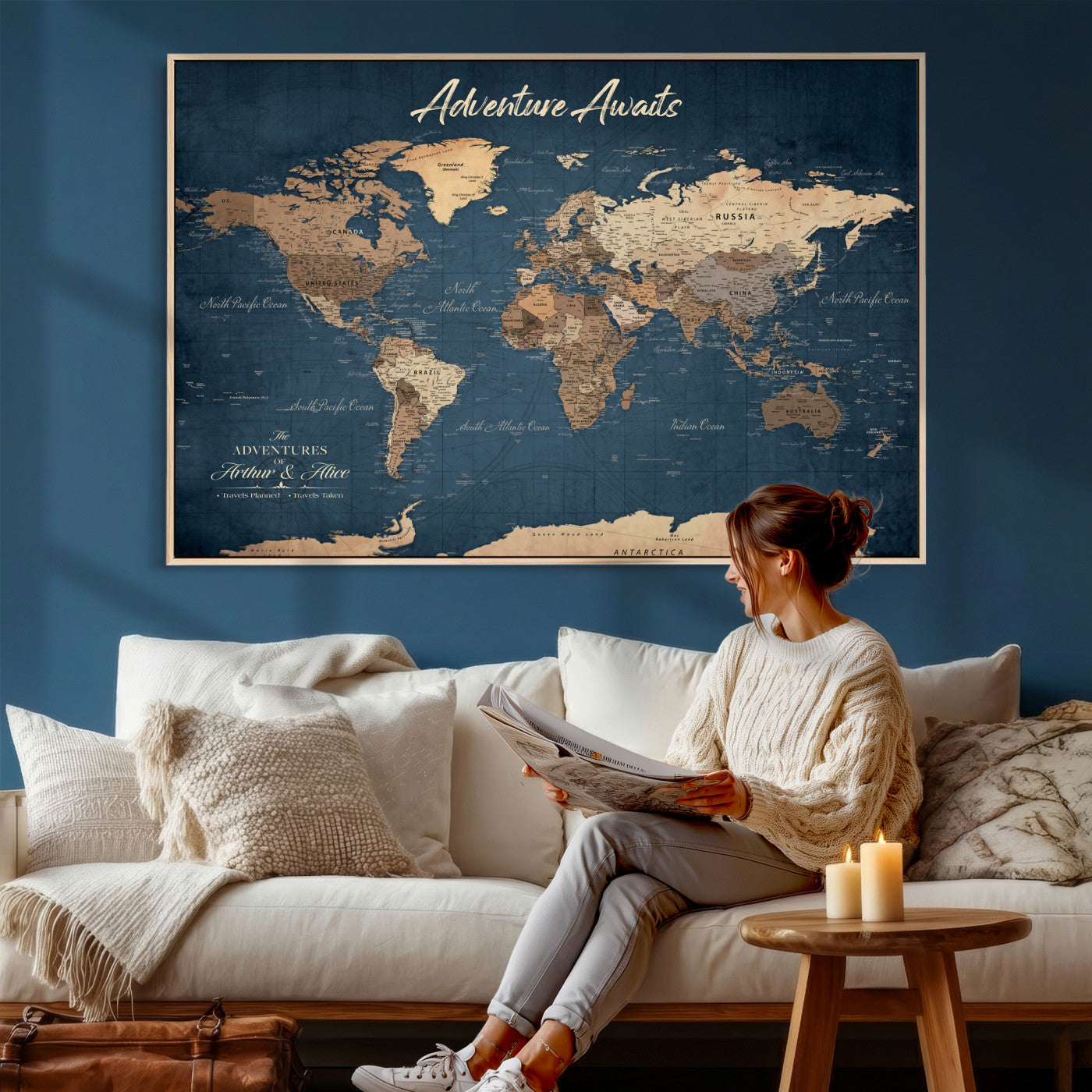 64110391-MGV-CV-36X24 - Custom Push Pin World Map Wall Art Canvas Print – Personalized Travel Tracker with Pins Framed Large for Home and Office Decor