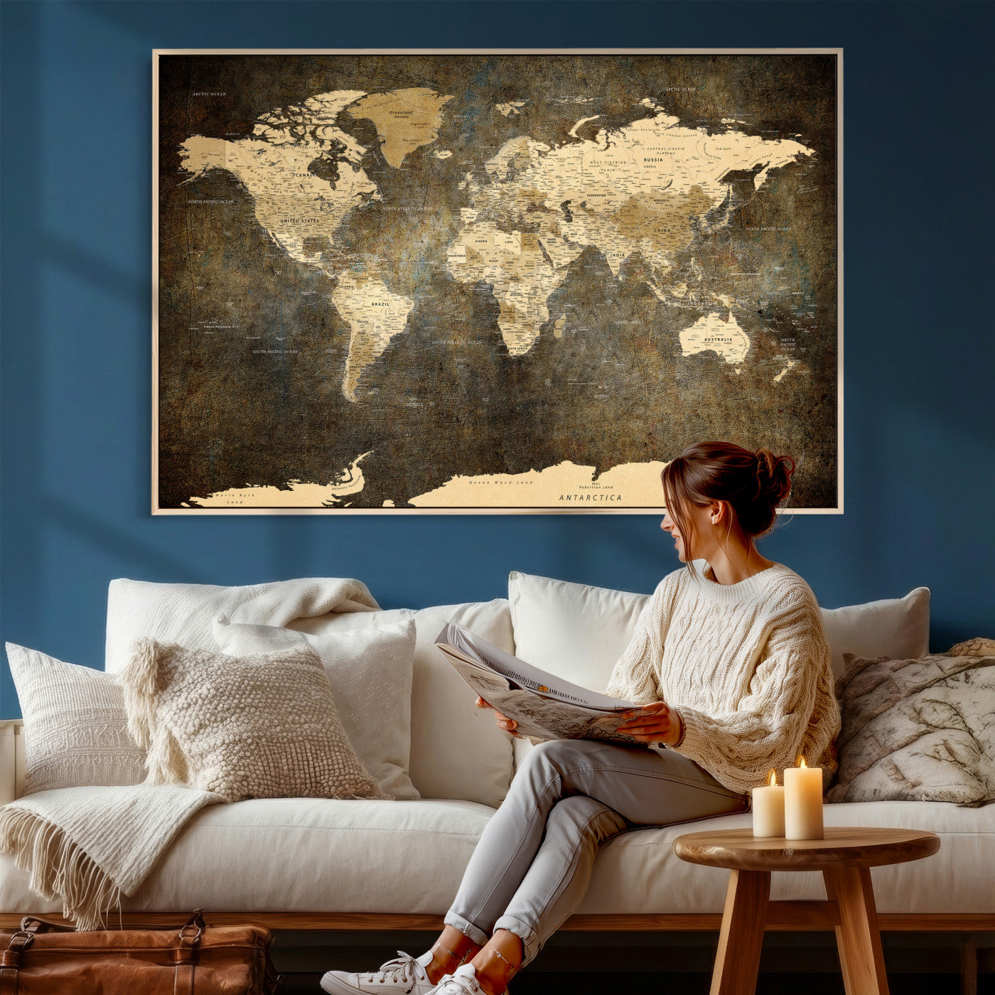 89742472-MGV-CV-36X24 - World Map Wall Art Canvas Print, Modern Decorative Framed Map Artwork Prints for Living Room, Office, Bedroom Wall Decor