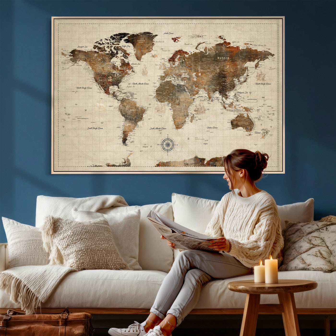 23610090-MGV-CV-36X24 - World Map Wall Art Canvas Print, Modern Decorative Framed Map Artwork Prints for Living Room, Office, Bedroom Wall Decor