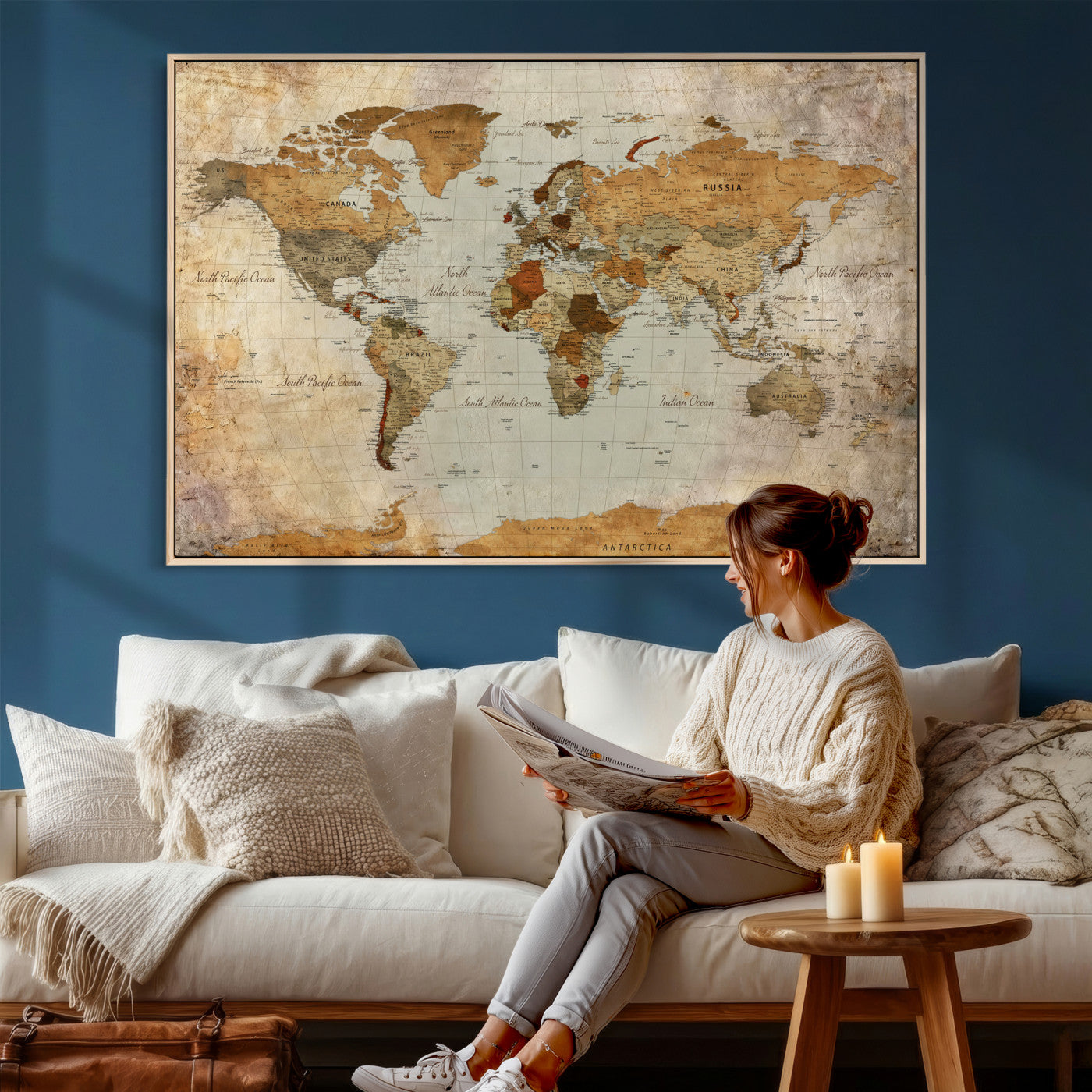 74176056-MGV-CV-36X24 - World Map Wall Art Canvas Print, Modern Decorative Framed Map Artwork Prints for Living Room, Office, Bedroom Wall Decor