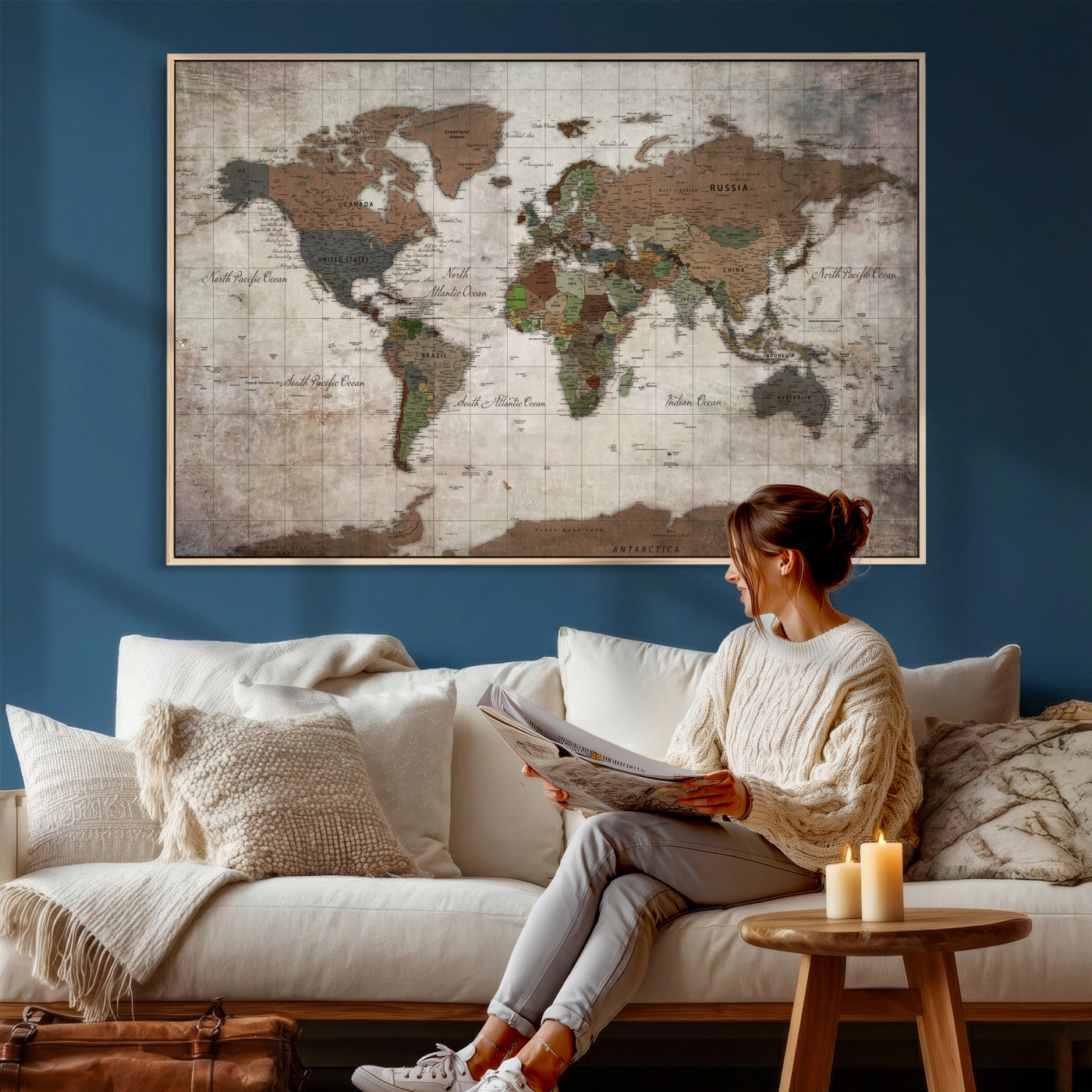 65393892-MGV-CV-36X24 - World Map Wall Art Canvas Print, Modern Decorative Framed Map Artwork Prints for Living Room, Office, Bedroom Wall Decor