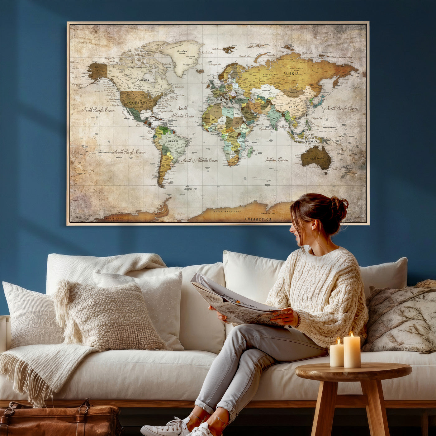 86108417-MGV-CV-36X24 - World Map Wall Art Canvas Print, Modern Decorative Framed Map Artwork Prints for Living Room, Office, Bedroom Wall Decor