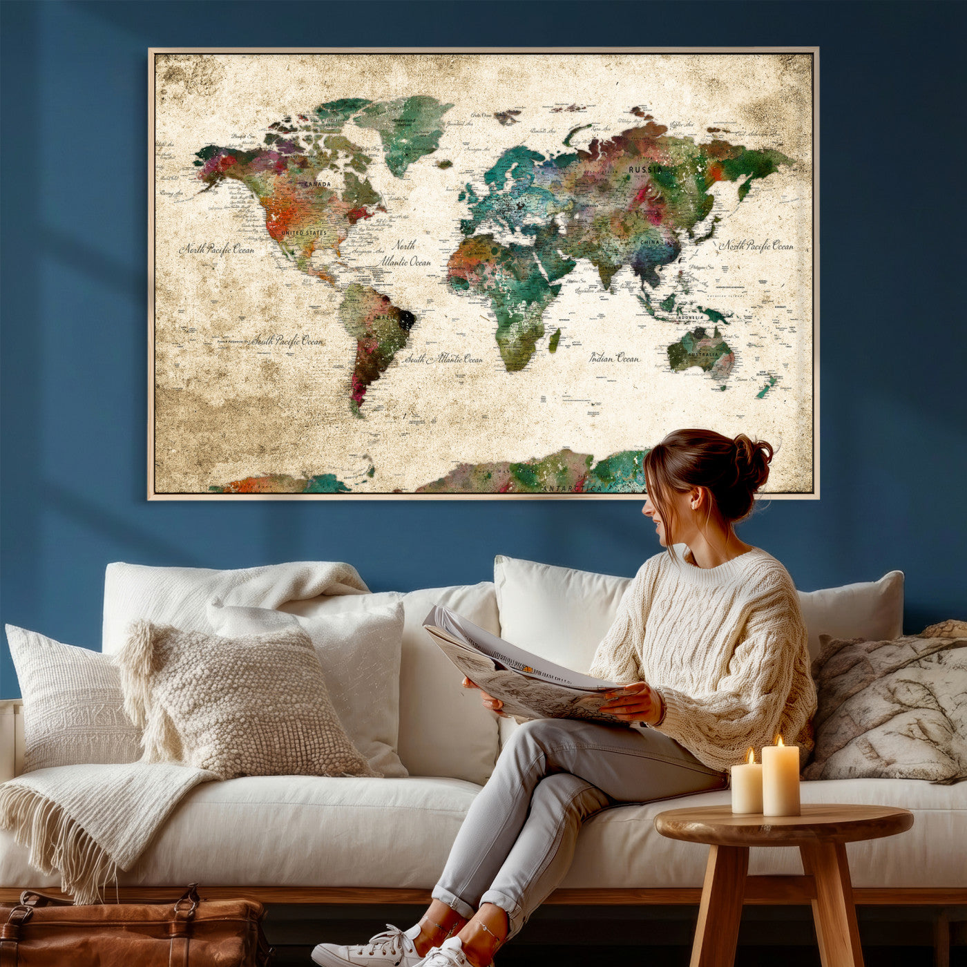 87544591-MGV-CV-36X24 - World Map Wall Art Canvas Print, Modern Decorative Framed Map Artwork Prints for Living Room, Office, Bedroom Wall Decor