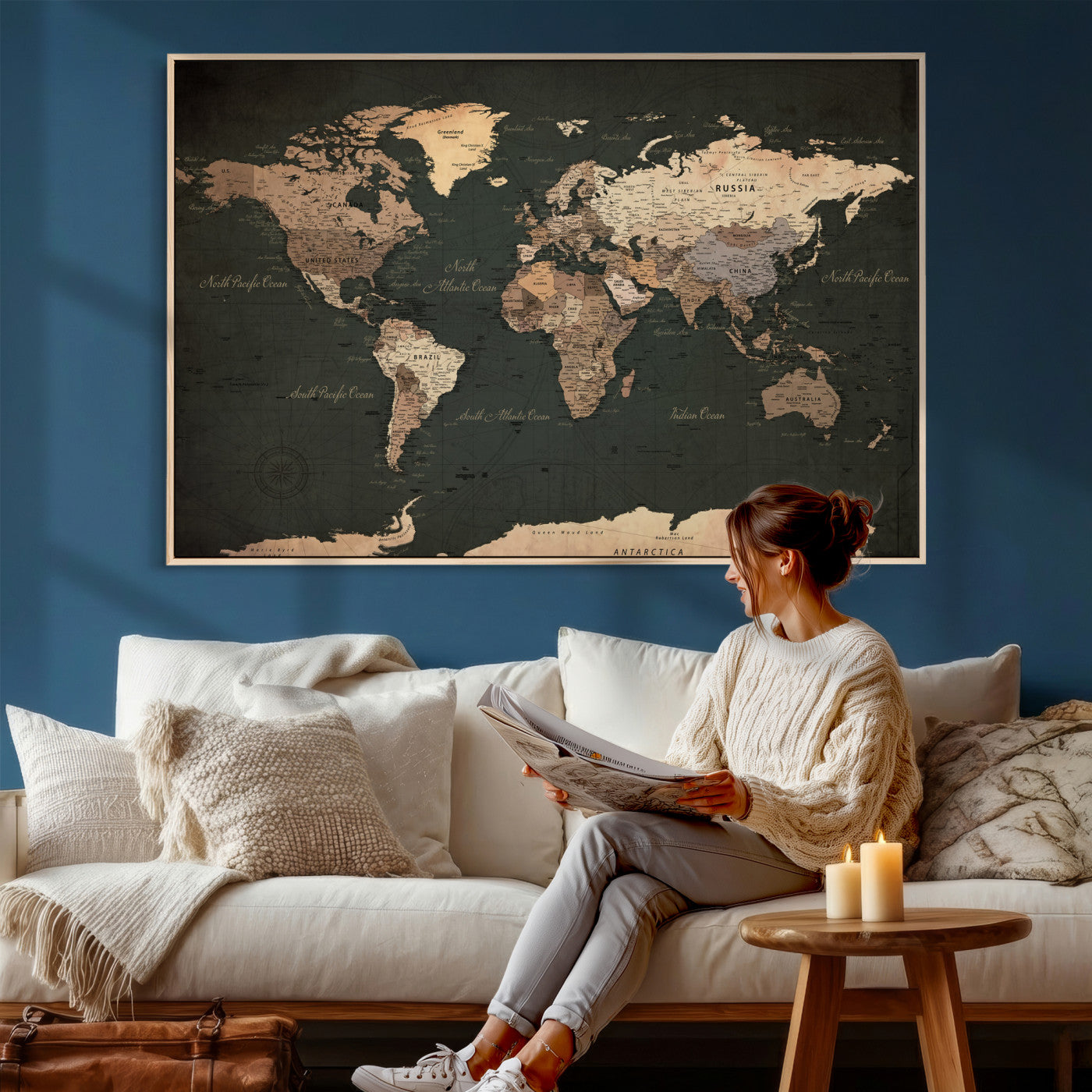 62059333-MGV-CV-36X24 - World Map Wall Art Canvas Print, Modern Decorative Framed Map Artwork Prints for Living Room, Office, Bedroom Wall Decor