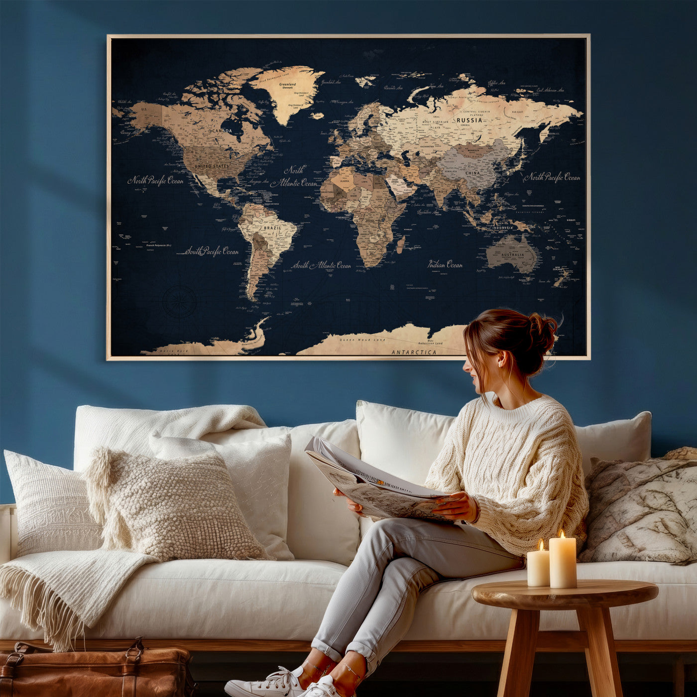 53971530-MGV-CV-36X24 - World Map Wall Art Canvas Print, Modern Decorative Framed Map Artwork Prints for Living Room, Office, Bedroom Wall Decor