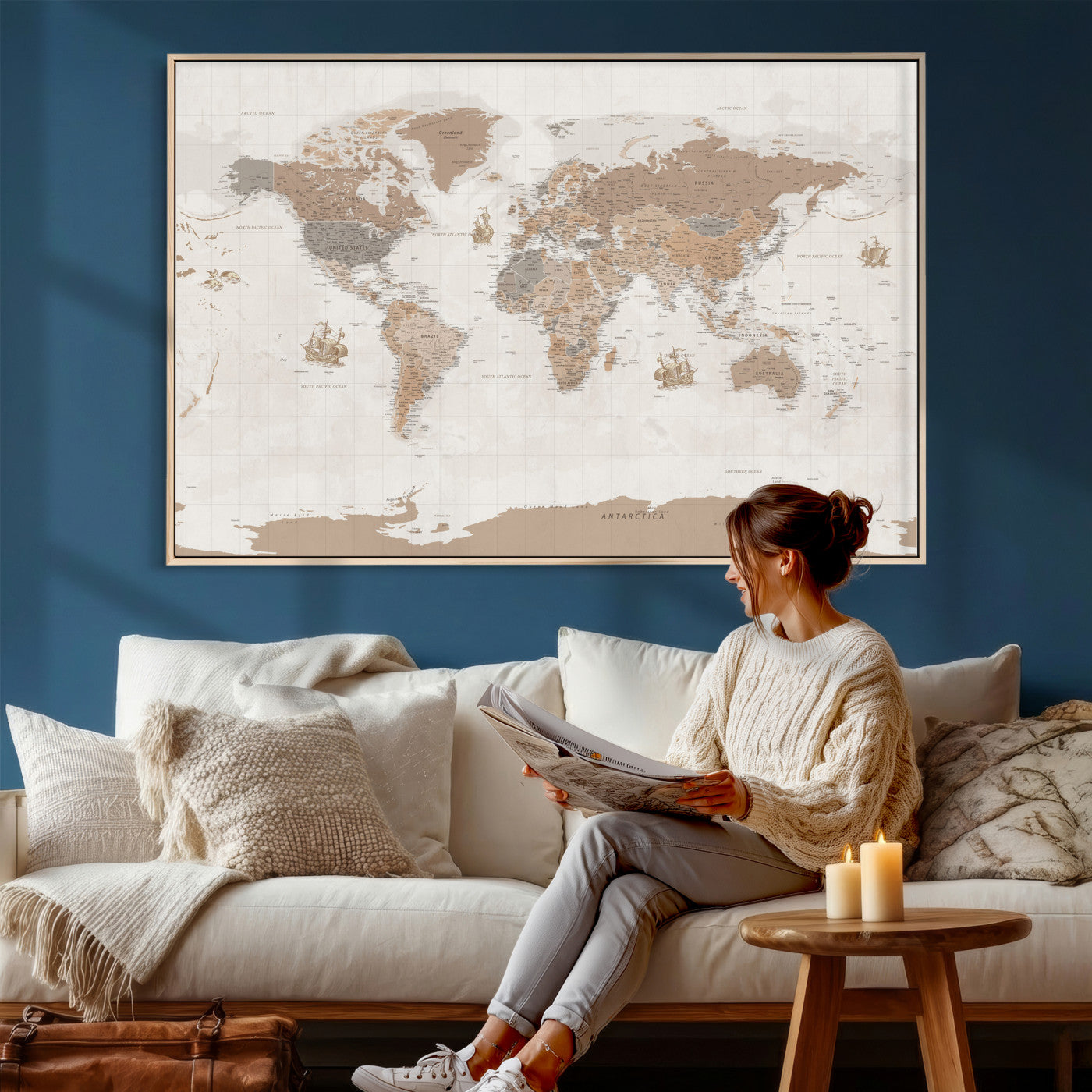 85057279-MGV-CV-36X24 - World Map Wall Art Canvas Print, Modern Decorative Framed Map Artwork Prints for Living Room, Office, Bedroom Wall Decor