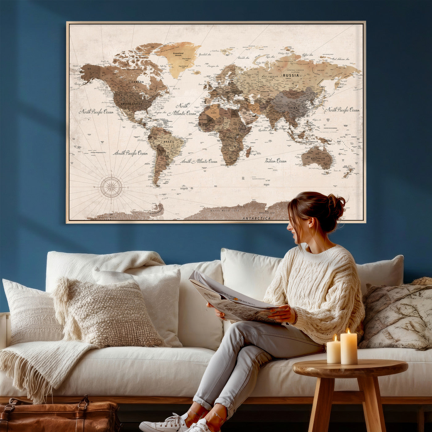 69860078-MGV-CV-36X24 - World Map Wall Art Canvas Print, Modern Decorative Framed Map Artwork Prints for Living Room, Office, Bedroom Wall Decor